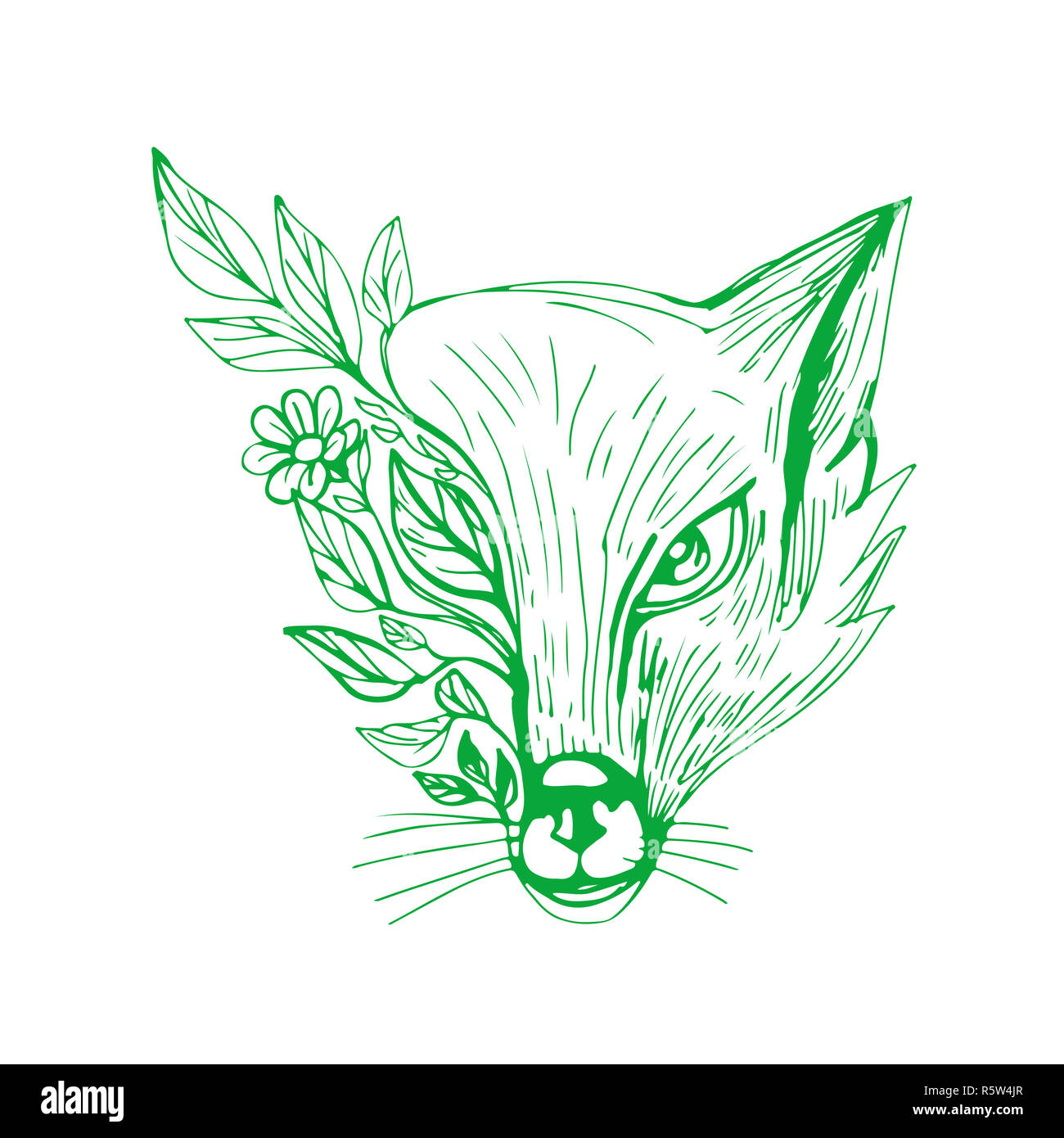 Fox Kopf mit Blumen und Blätter zeichnen Stockfoto