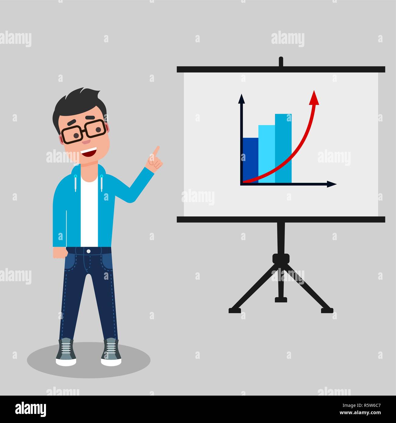 Junge geek steht in der Nähe von Flipchart am Erfolg Grafik zeigt. Erfolgreiches Projekt Konzept Stock Vektor