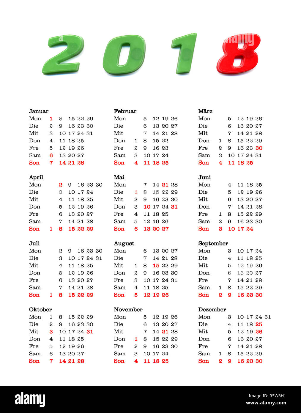 Jahr 2018 Kalender - Deutschland Stockfoto