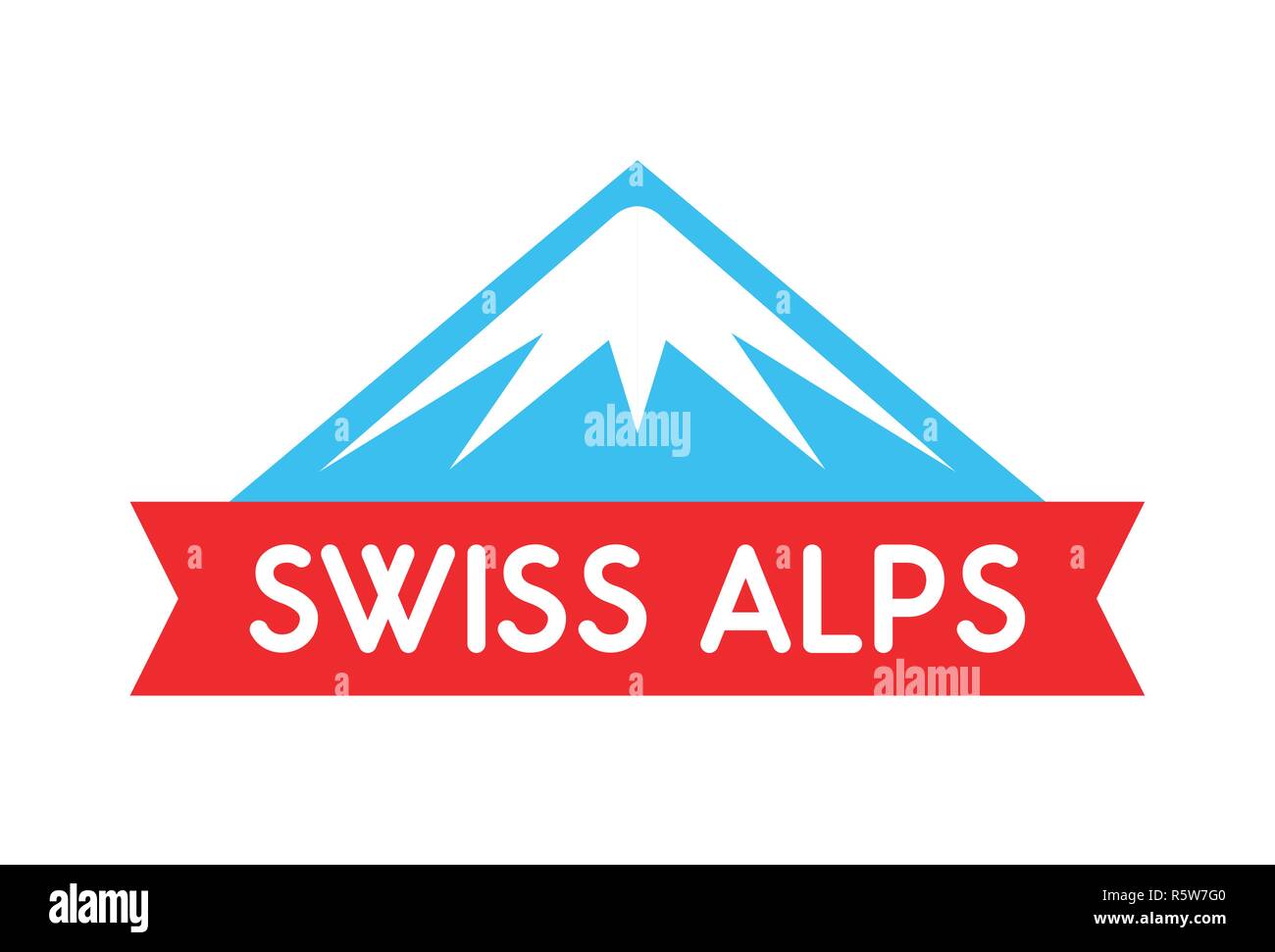Schweizer Alpen logo Illustration, Vektor Emblem von Berg mit Band und Beschriftung - Abzeichen auf weissem Hintergrund. Stock Vektor