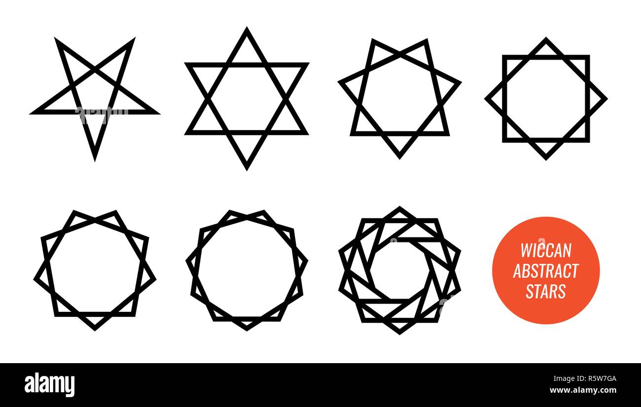 Wiccan Symbol und alle POLYGONALEN Sterne, Pentagram, sexagram und anderen isoliert auf Weiss - Große Vektor einrichten der Linie Symbole. Stock Vektor