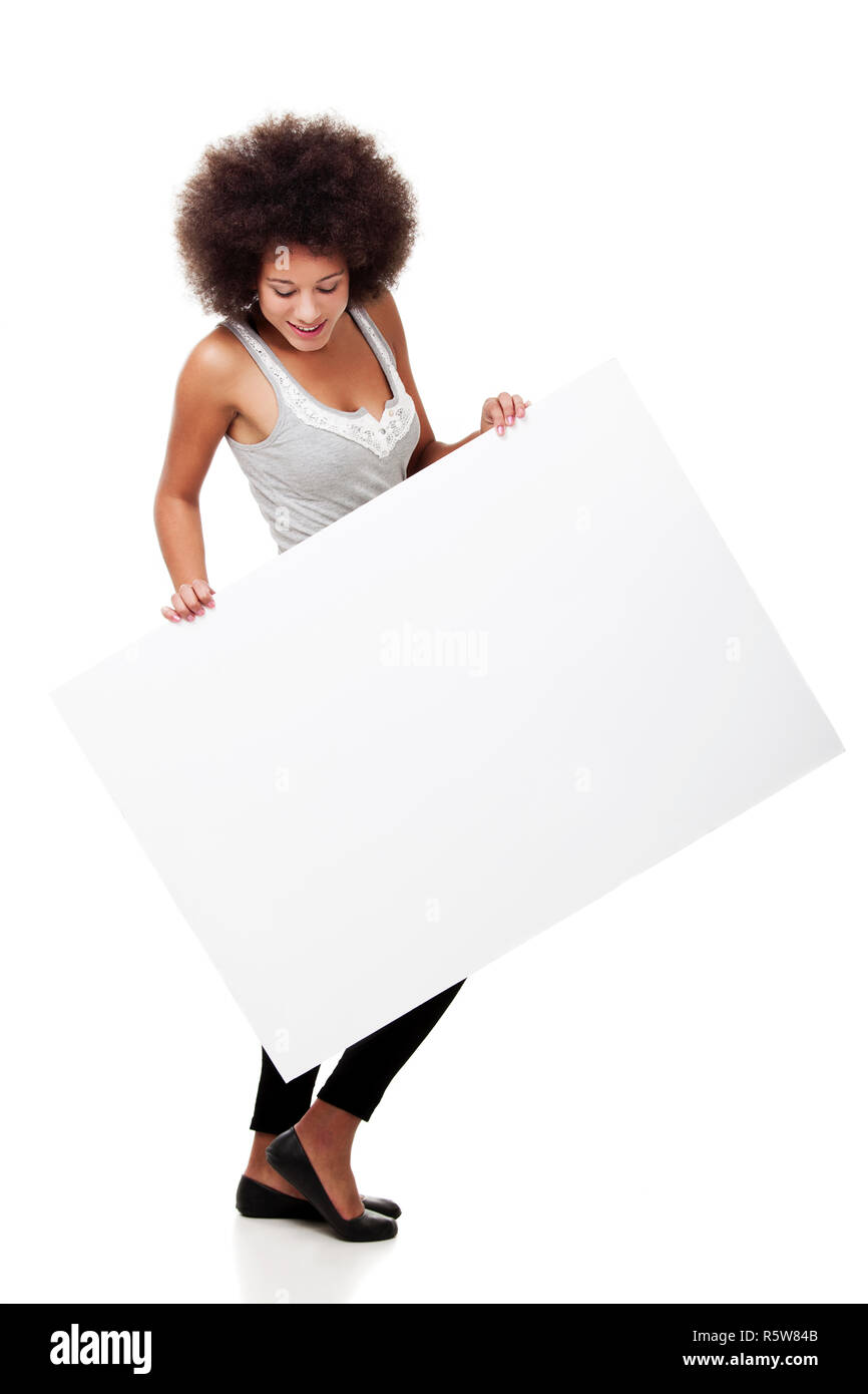 Frau mit einem weißen Reklametafeln Stockfoto