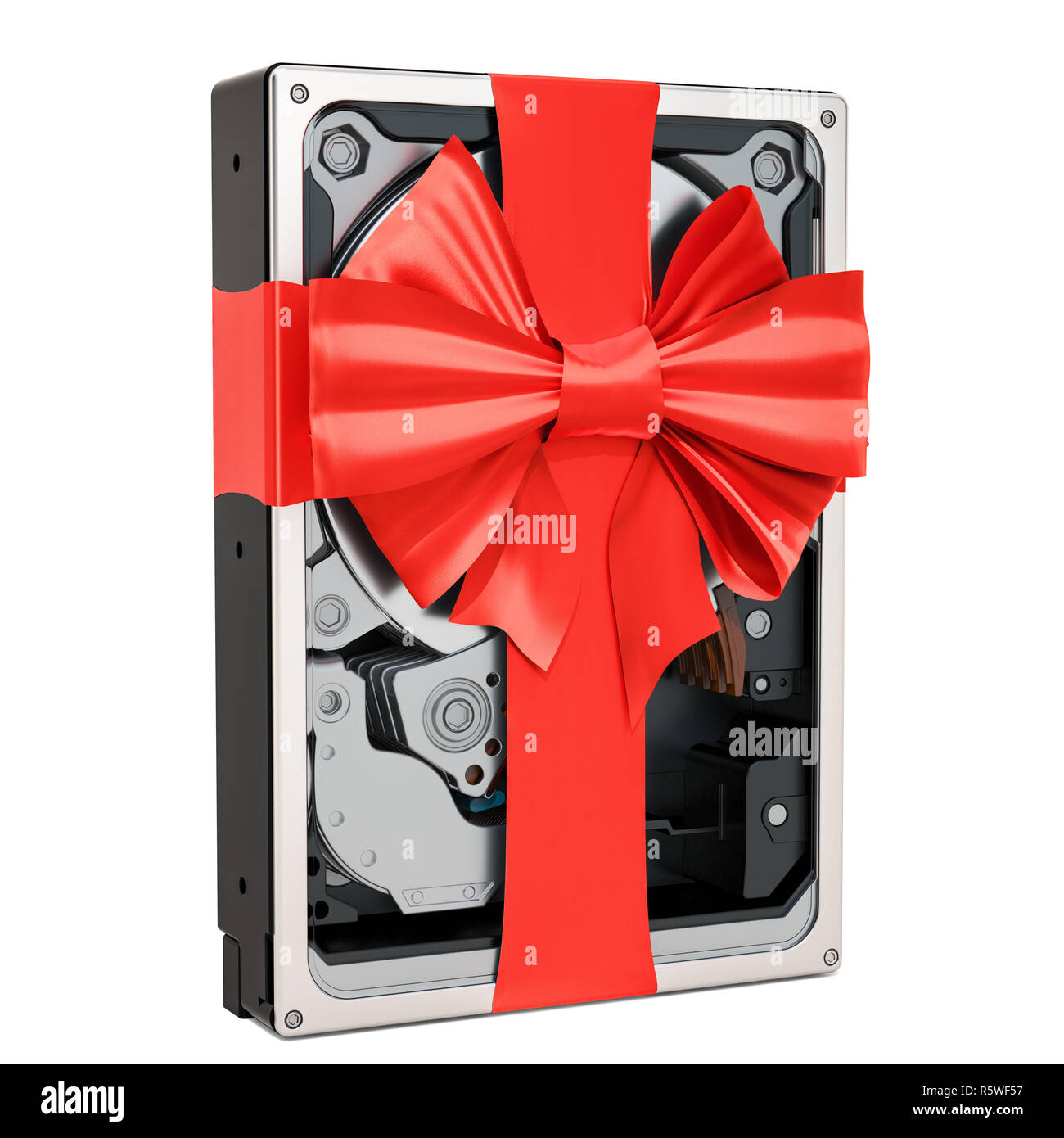 Festplatte (HDD) mit Band und Bogen, Geschenk, das Konzept. 3D-Rendering auf weißem Hintergrund Stockfoto