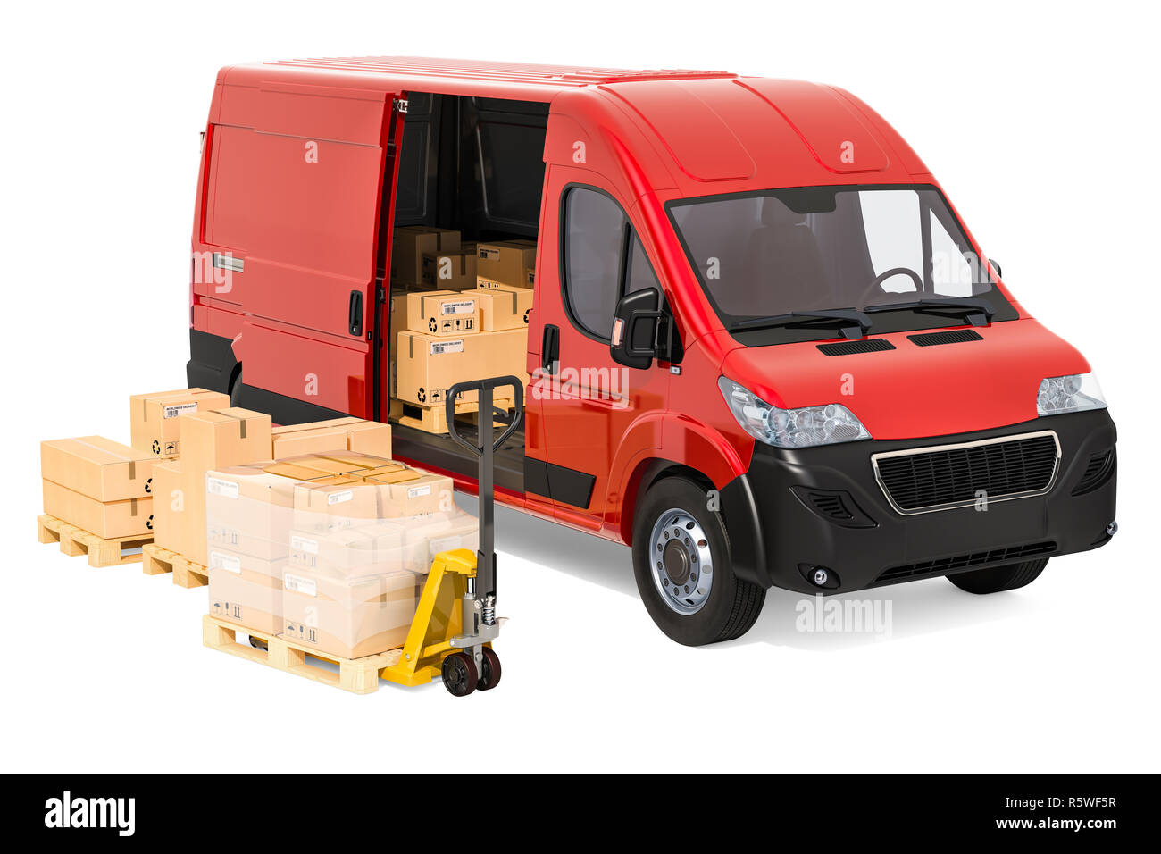 Güterverkehr, Lieferung Konzept. Roten Lieferwagen mit Paketen und Handhubwagen mit Kartons, 3D-Rendering isoliert auf weißem backgrou Stockfoto