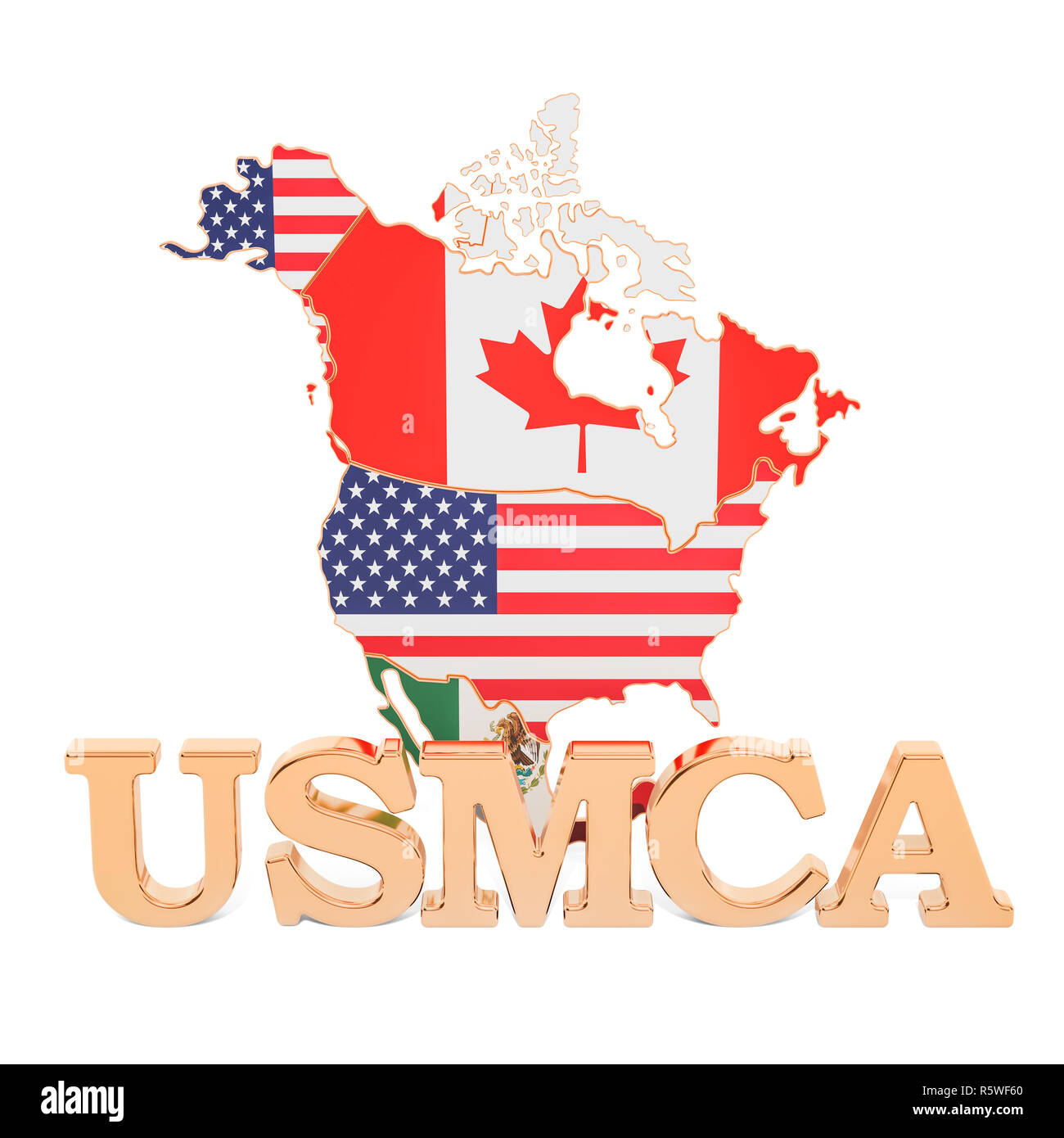 Vereinigten Staaten von Amerika Mexiko Kanada Abkommen, USMCA Konzept. 3D-Rendering Stockfoto
