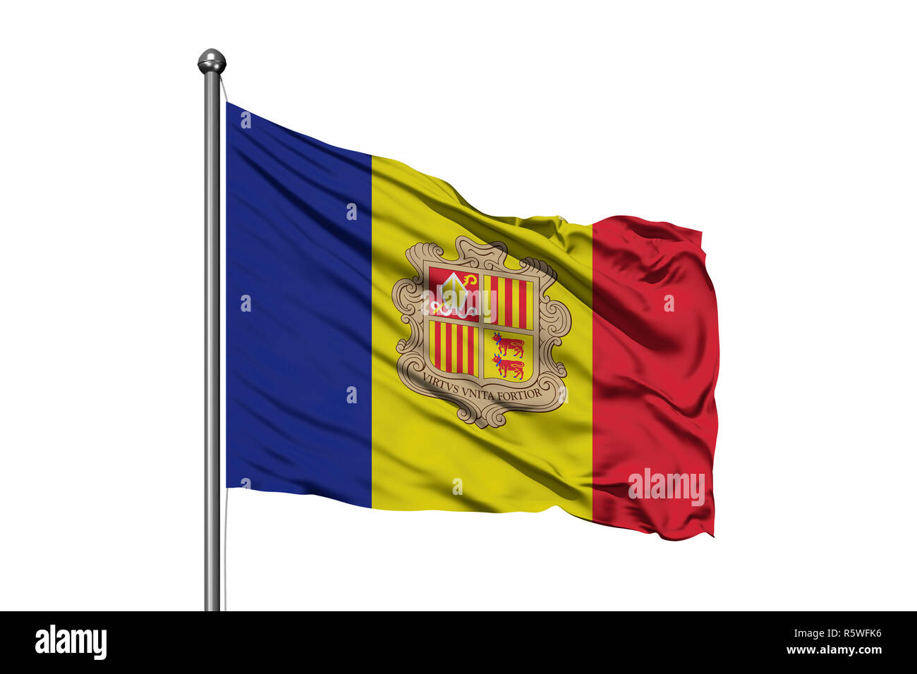 Flagge Andorra winken im Wind, isolierten weißen Hintergrund. Andorra Flagge. Stockfoto