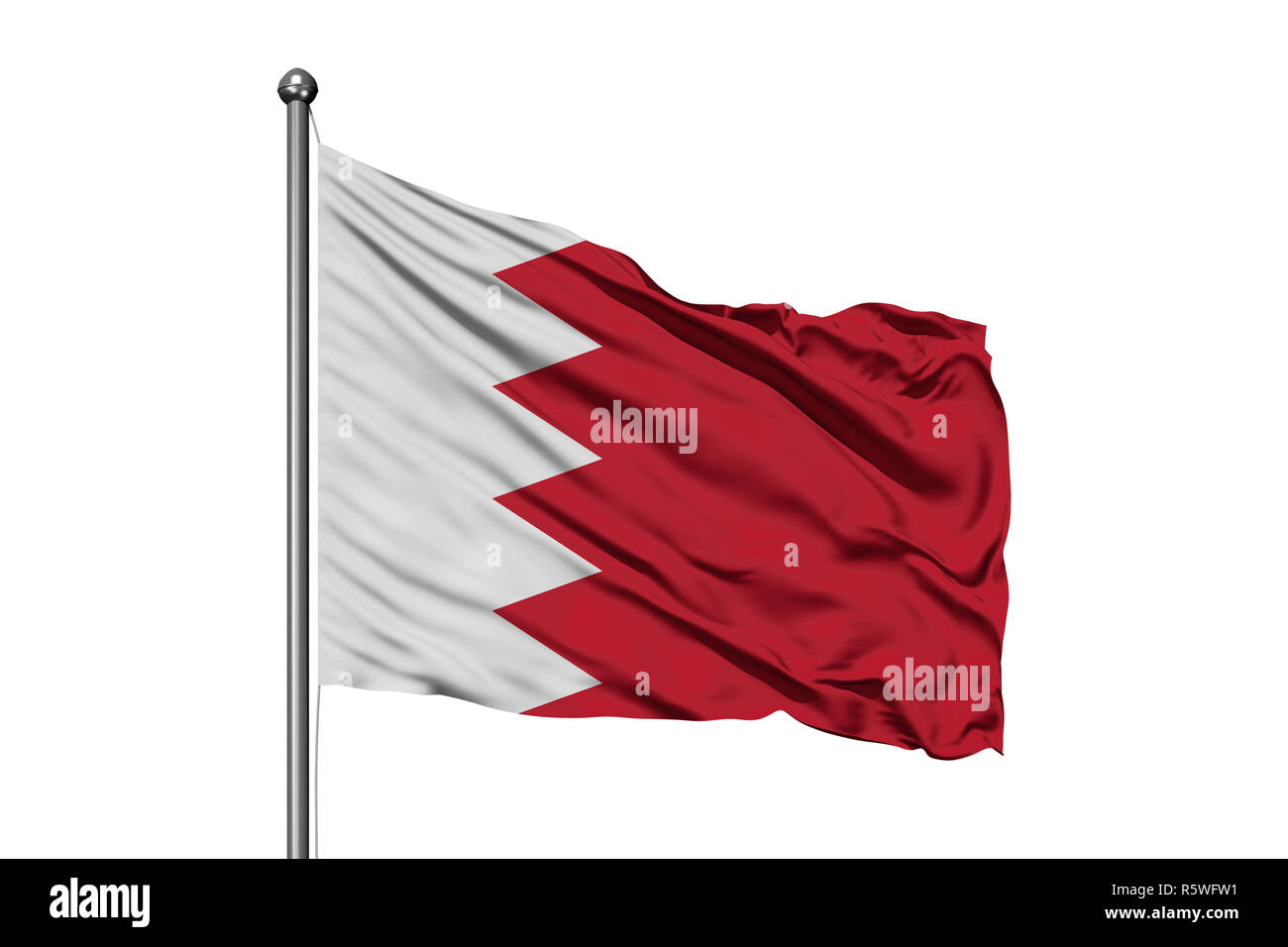 Flagge von Bahrain winken im Wind, isolierten weißen Hintergrund. Bahrainische Fahne. Stockfoto