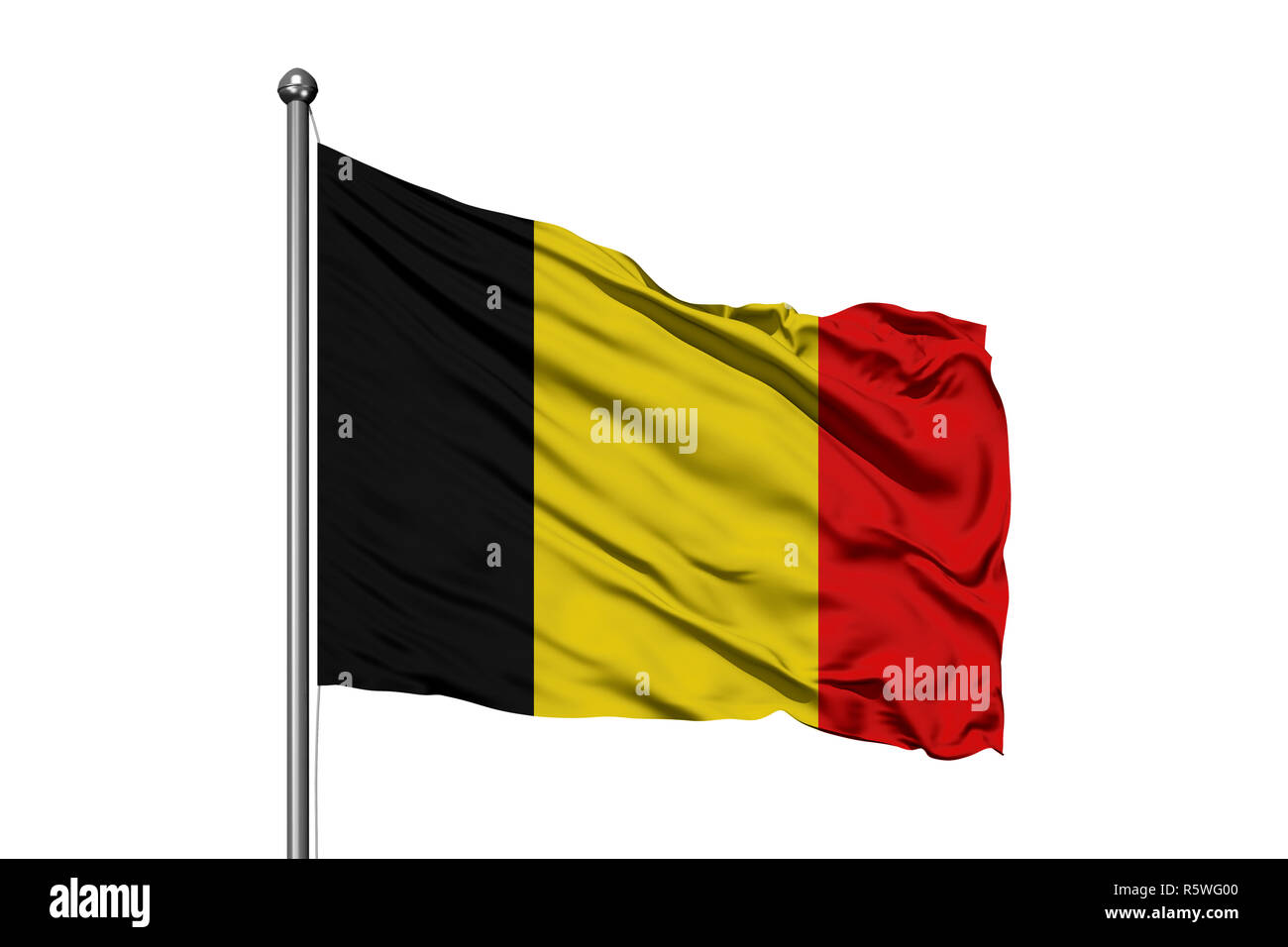 Flagge Belgiens winken im Wind, isolierten weißen Hintergrund. Die belgische Flagge. Stockfoto
