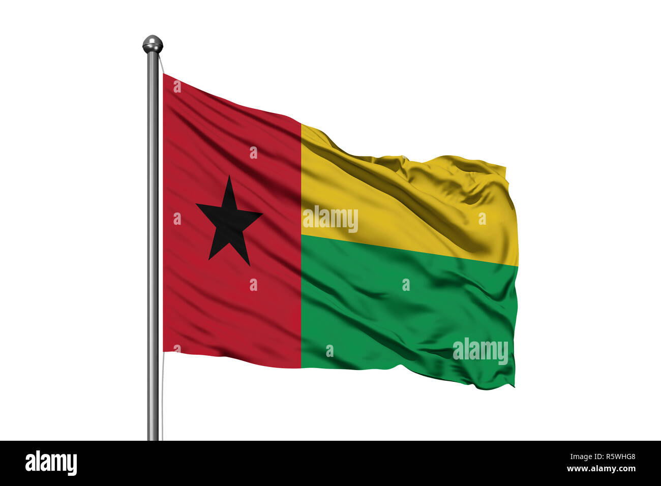 Flagge Guinea-bissau winken im Wind, isolierten weißen Hintergrund. Flagge Guineas. Stockfoto