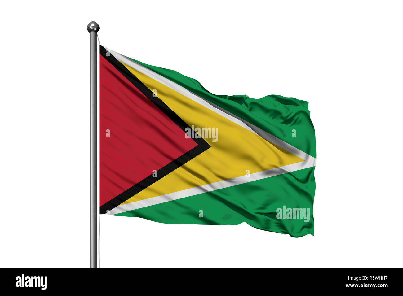 Flagge Guyana winken im Wind, isolierten weißen Hintergrund. Guyanese Flagge. Stockfoto