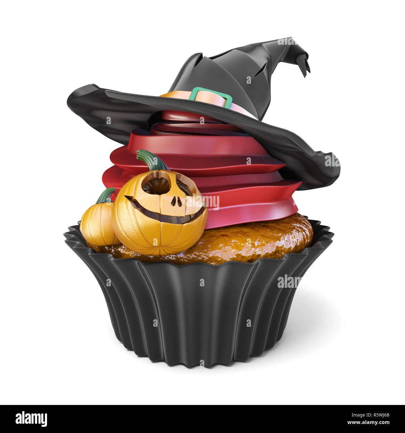 Halloween Muffin mit Jack O'Lantern und Hexenhut 3D Stockfoto