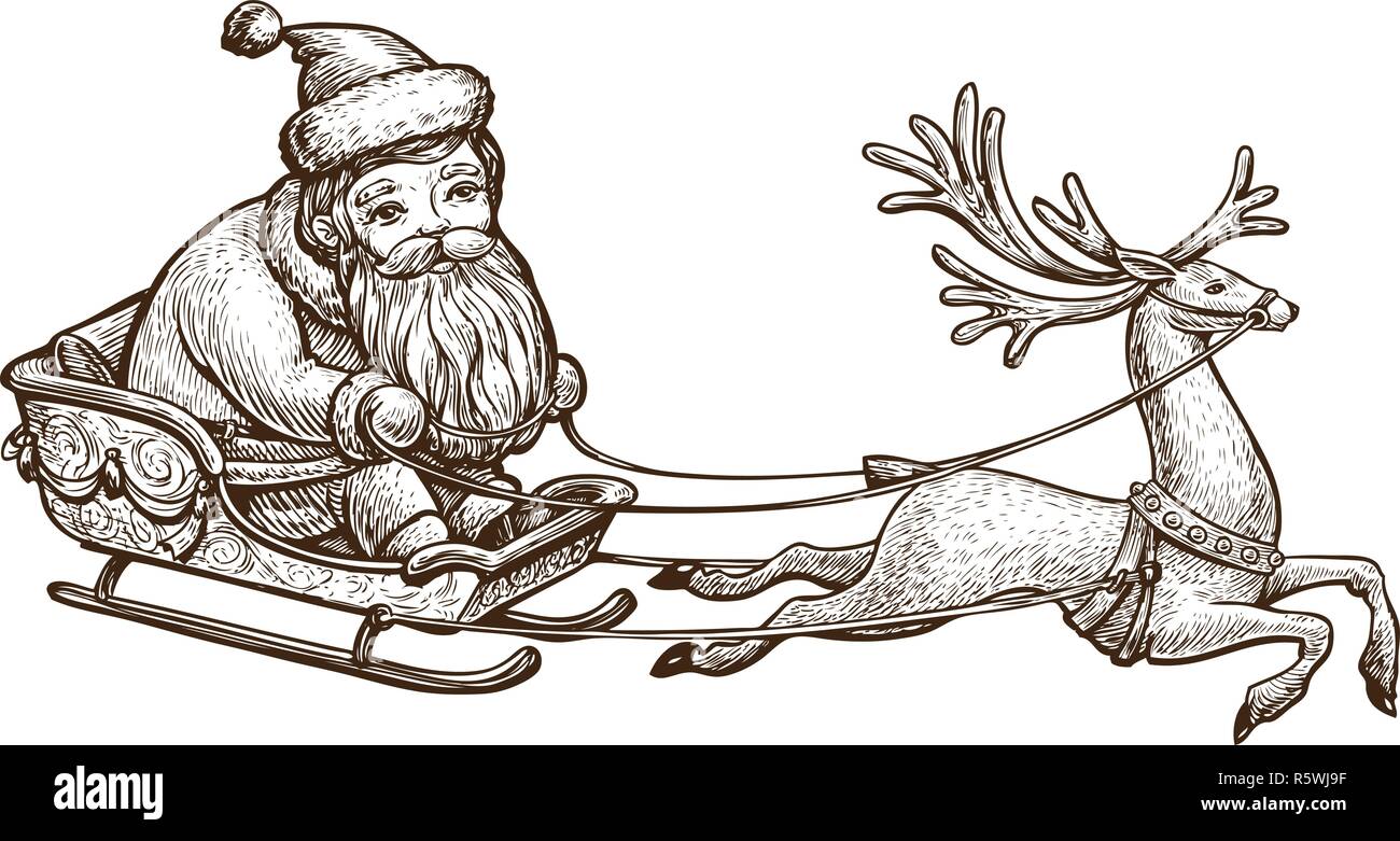 Santa Claus ist Reiten in einem Pferdeschlitten. Weihnachten Konzept. Vintage Skizze Vector Illustration Stock Vektor