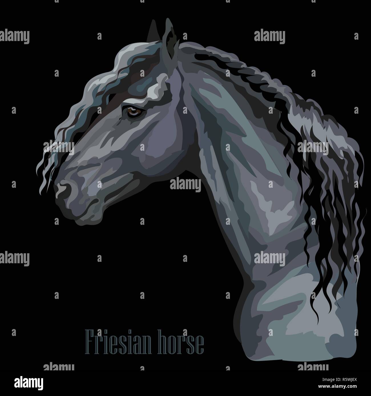 Bunte Portrait von Friesenpferd. Pferdekopf im Profil isoliert Vektor hand Zeichnung Abbildung auf schwarzem Hintergrund Stock Vektor