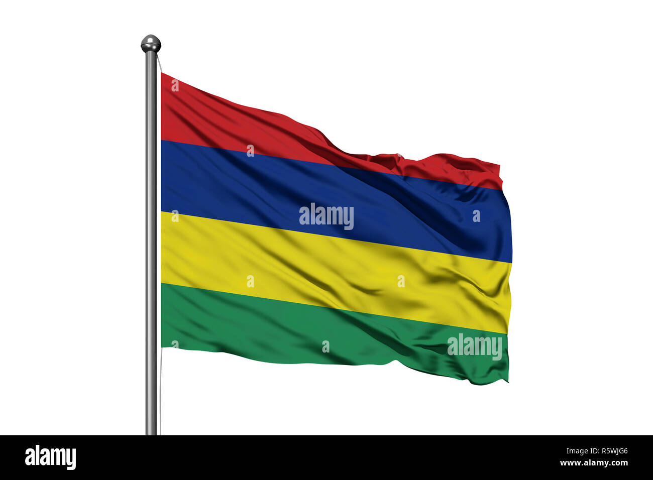 Flagge von Mauritius winken im Wind, isolierten weißen Hintergrund. Mauritius Flagge. Stockfoto