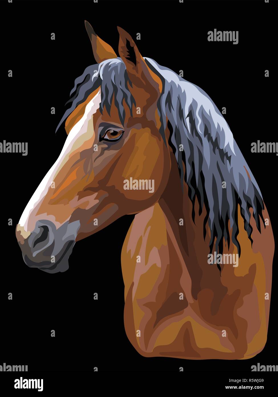Bunte Portrait von Bay Horse. Pferdekopf im Profil isoliert Vektor hand Zeichnung Abbildung auf schwarzem Hintergrund Stock Vektor