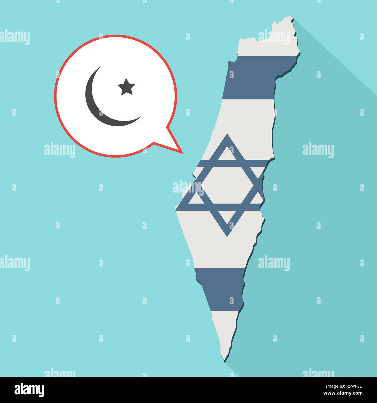 Animation eines langen Schatten Israel Karte mit seiner Flagge und ein Comic Ballon mit einem Islam Zeichen Stockfoto