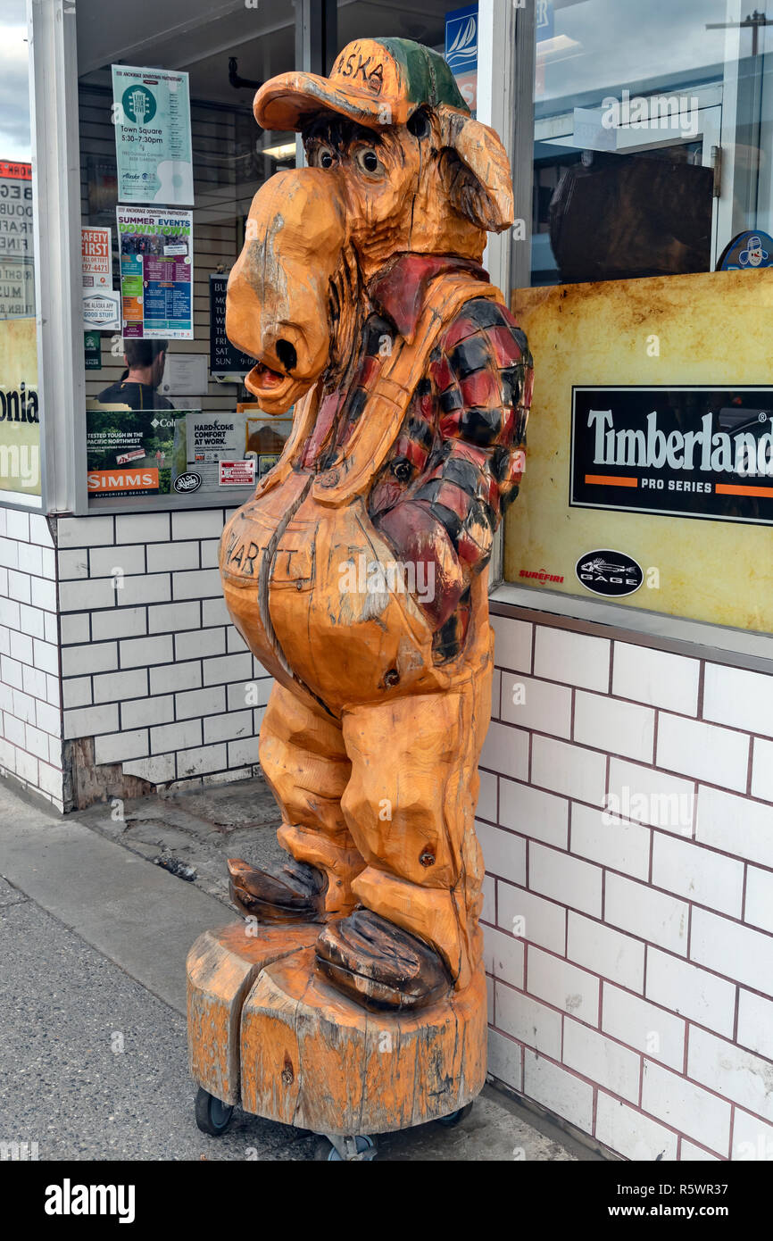 Lustige Elche holz skulptur, Anchorage, Alaska, USA Stockfoto