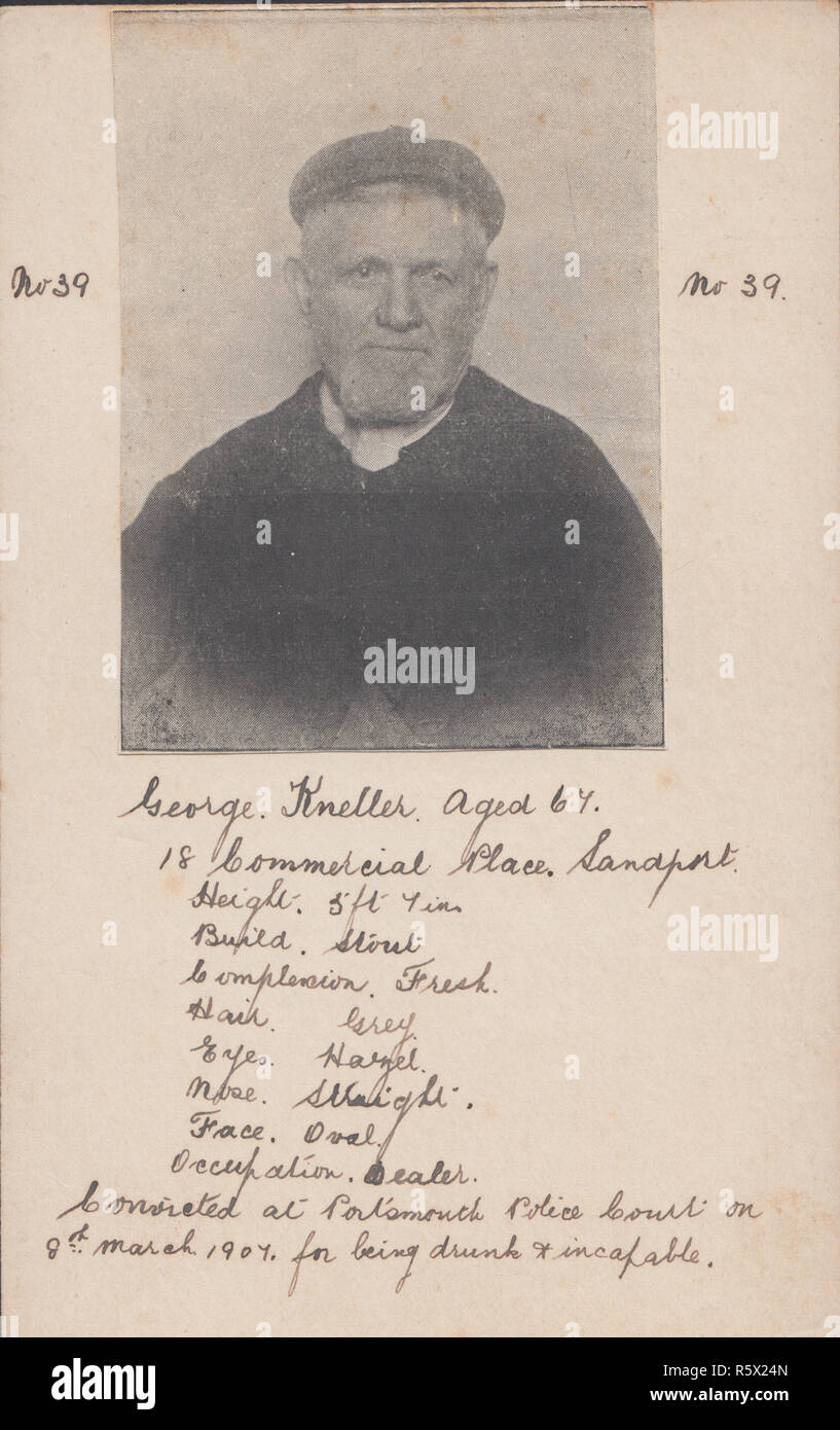 Jahrgang fotografische Postkarte von George Kneller ein verurteilter 67-jährige Menschen. Portsmouth an der Polizei Gericht am 8. März 1907 verurteilt, weil er betrunken und unordentlich. Bewohner von 18 Kommerziellen, Landport. Stockfoto