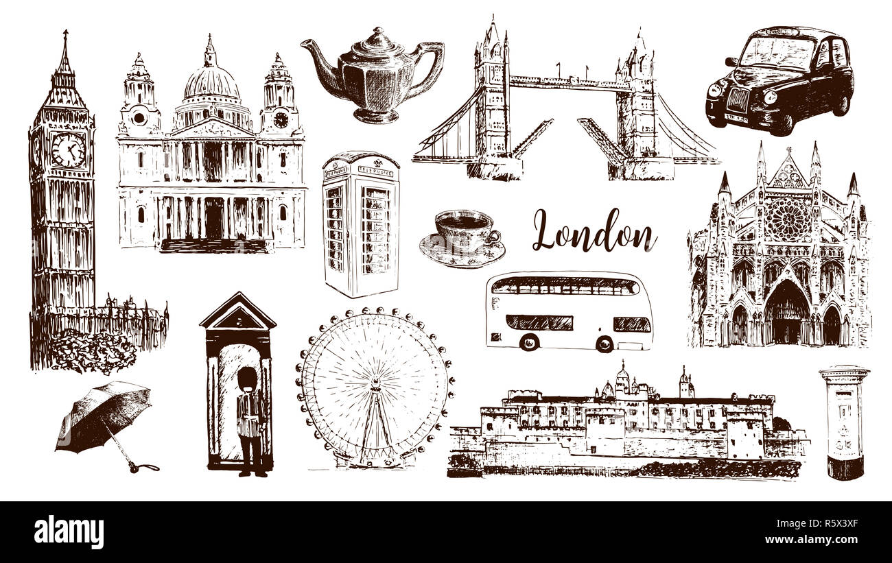 London Symbole: Big Ben, die Tower Bridge, Bus, Scots Guards, Briefkasten, CALL-Box. St. Paul Kathedrale, Kaffee, Regenschirm, Westminster. Stockfoto