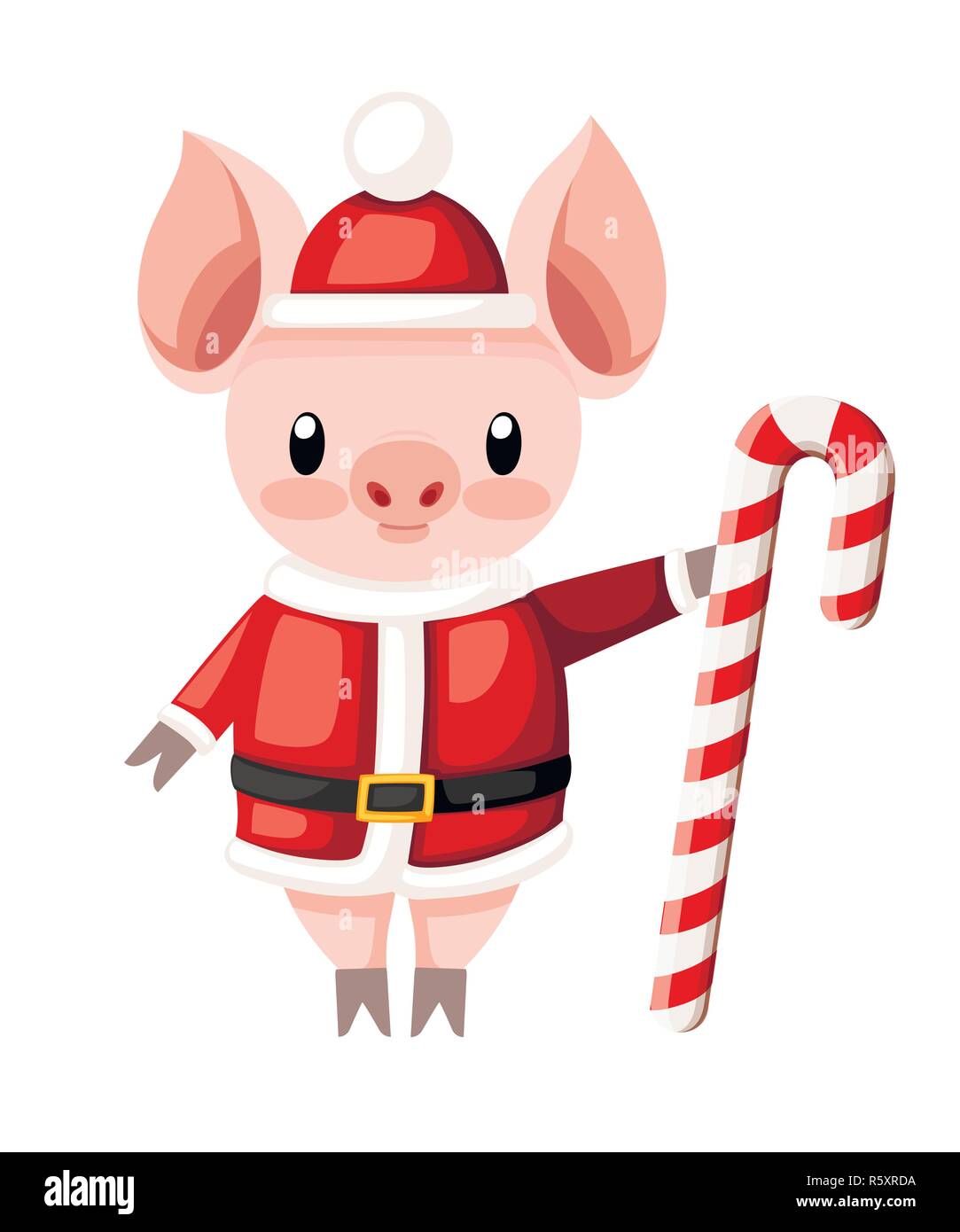 Nettes Schwein in Weihnachten Santa Kostüm. Cartoon Character Design. Rosa Tier Maskottchen. Kleines Schwein halten Zuckerstange. Flache Vector Illustration auf Wh isoliert Stock Vektor