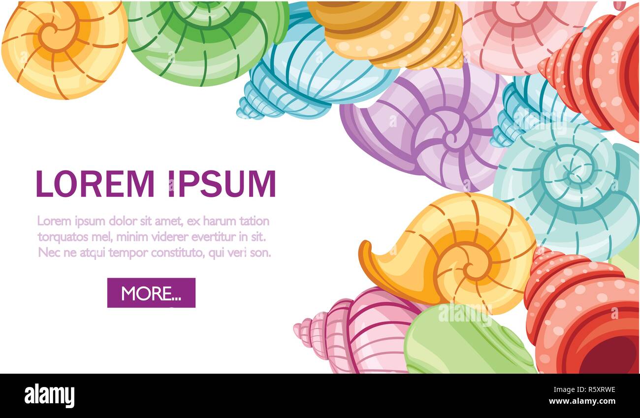 Bunte Reihe von Schnecken, Muscheln. Verschiedene Formen und Farben. Archäologische Funde. Flache Vector Illustration auf weißem Hintergrund. Für Text, Web si Stock Vektor