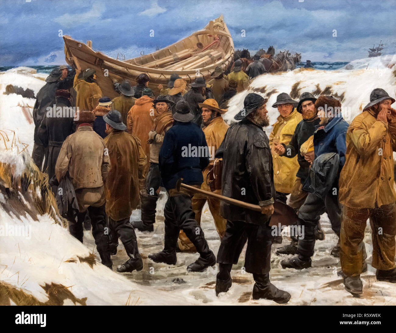 Das Rettungsboot ist durch die Dünen von Michael Ancher (1849-1927), Öl auf Leinwand, 1883 getroffen Stockfoto