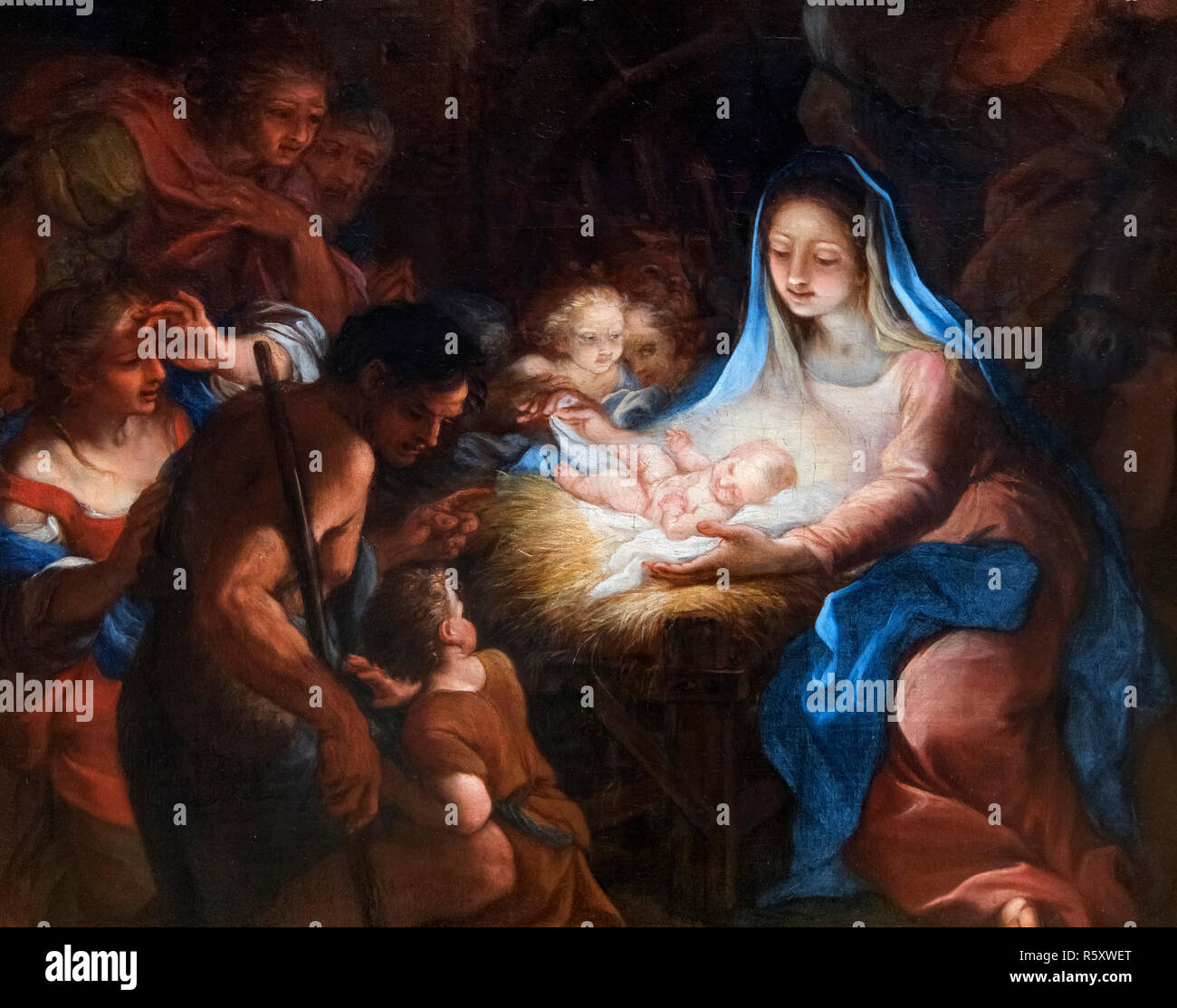 Die Anbetung der Schäfer von Giuseppe Bartolomeo Chiari (1654-1727), Öl auf Leinwand. Krippe. Von einer größeren Malerei Detail, R5 XWEP Stockfoto