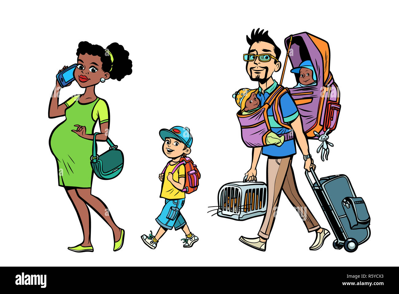 Multi-ethnische Reisende mit Familie, Mama, Papa und Kinder Stockfoto