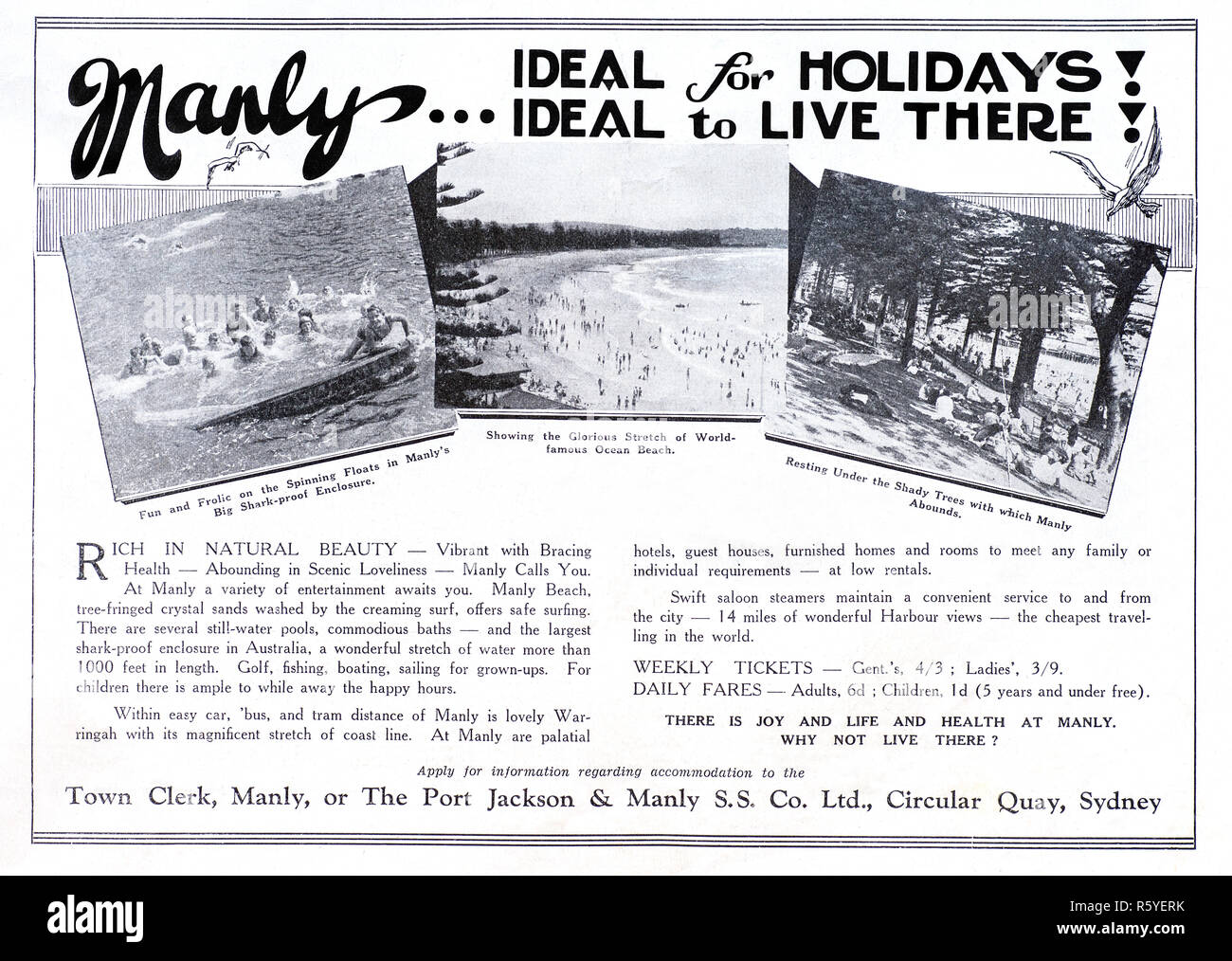 Ein 1932 australische Zeitung Werbung für die Sydney Vorort Manly NSW Australien. Stockfoto