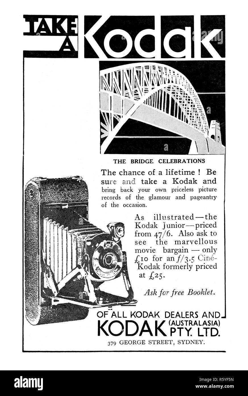 Eine Kodak Werbung aus einer australischen Zeitung 1932 zum Zeitpunkt der Eröffnung des Sydney Harbour Bridge. Stockfoto