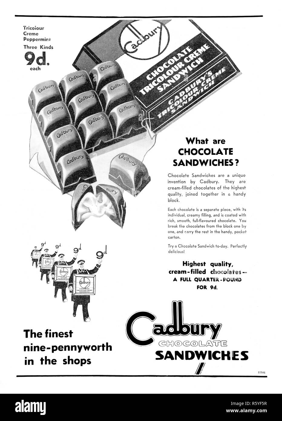 1932 australische Zeitung Werbung für Cadbury Chocolate Sandwiches. Stockfoto