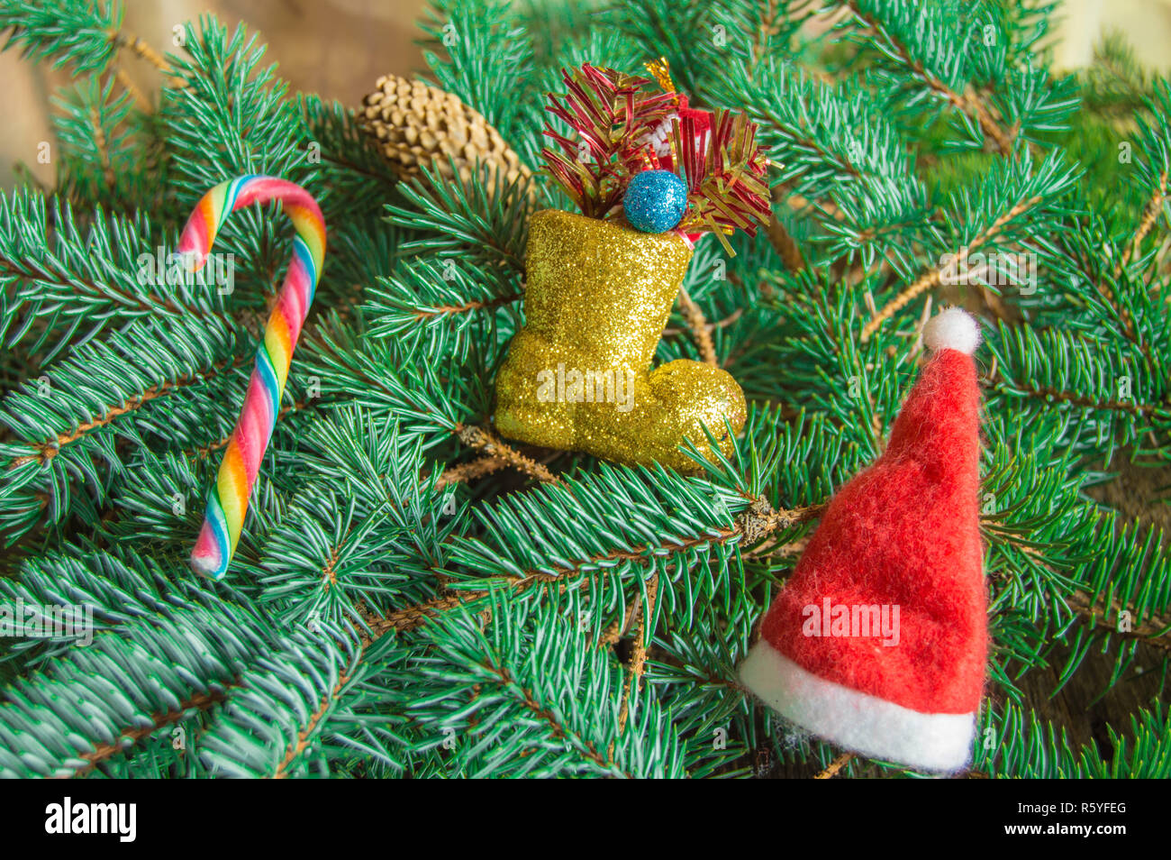 Weihnachten Hintergrund, rote Weihnachtsmütze, candy Stick und Stiefel liegen auf Fichte Äste Stockfoto