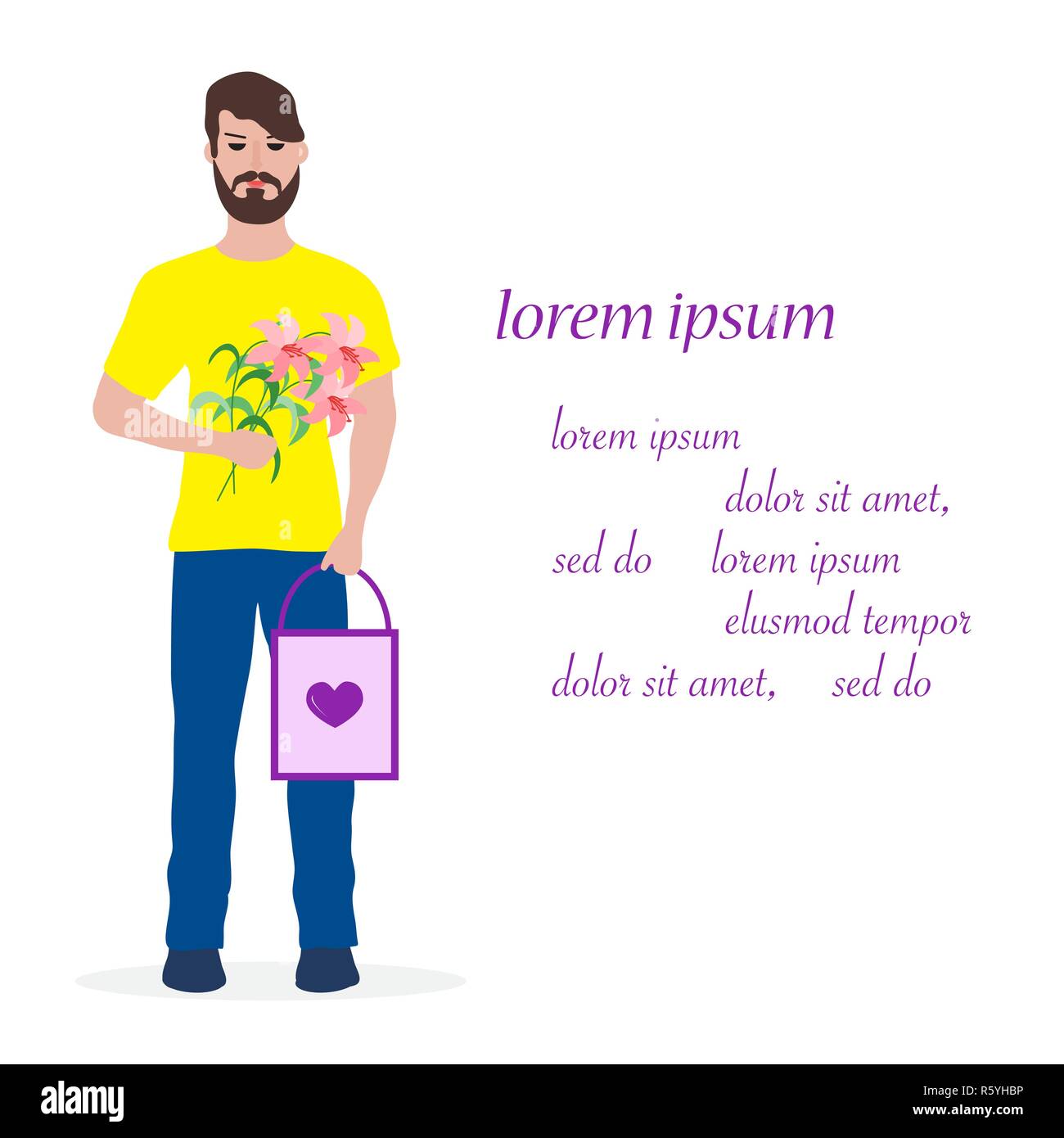 Junger Mann mit Blumen und Geschenk. Geburtstag, Valentinstag, Muttertag  vector Hintergrund. Design für Grußkarten, Banner, Poster oder Drucken  Stock-Vektorgrafik - Alamy