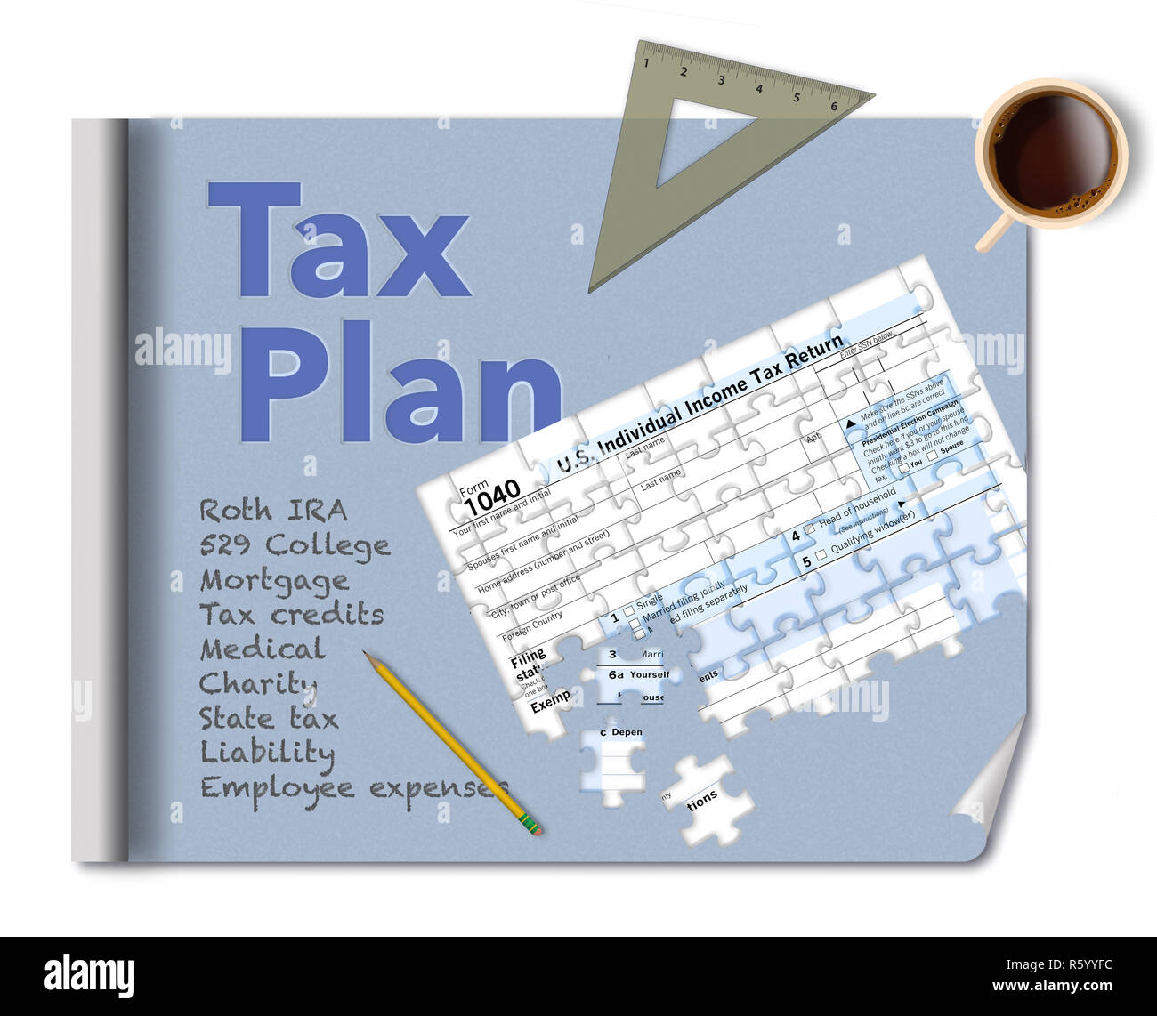 Ein bauplan und ein Steuerformular 1040, dass ist ein Puzzle machen diese Abbildung über Einkommensteuer Planung. Dies ist eine Abbildung. Stockfoto