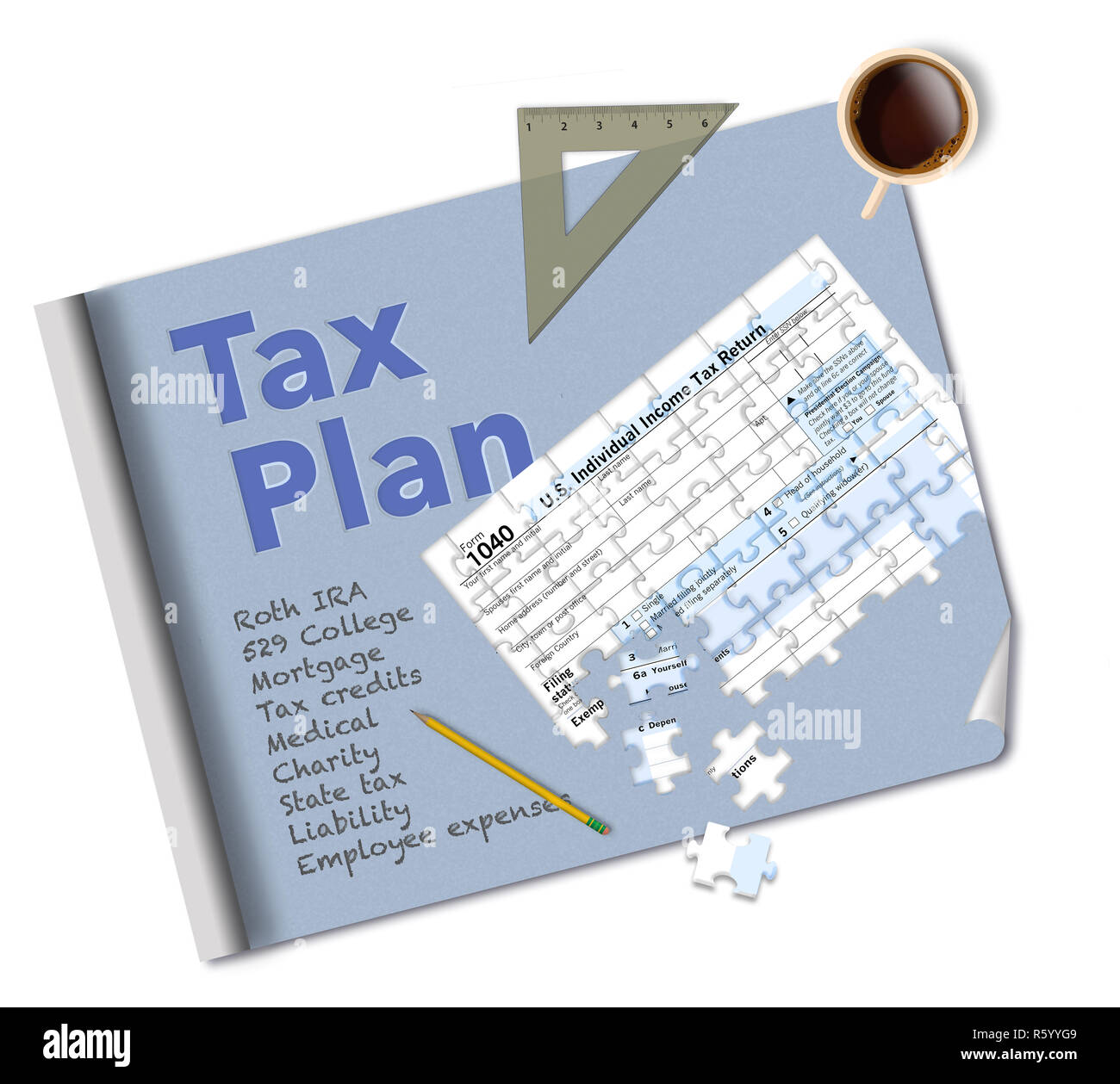 Ein bauplan und ein Steuerformular 1040, dass ist ein Puzzle machen diese Abbildung über Einkommensteuer Planung. Dies ist eine Abbildung. Stockfoto