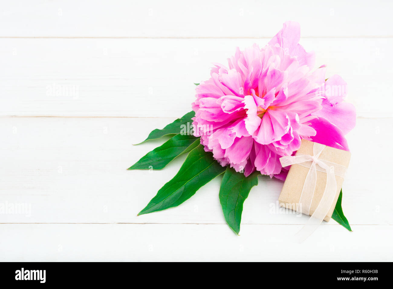 Kleines Geschenk mit rosa Pfingstrose auf weißem Holz- Hintergrund mit Kopie Raum Stockfoto