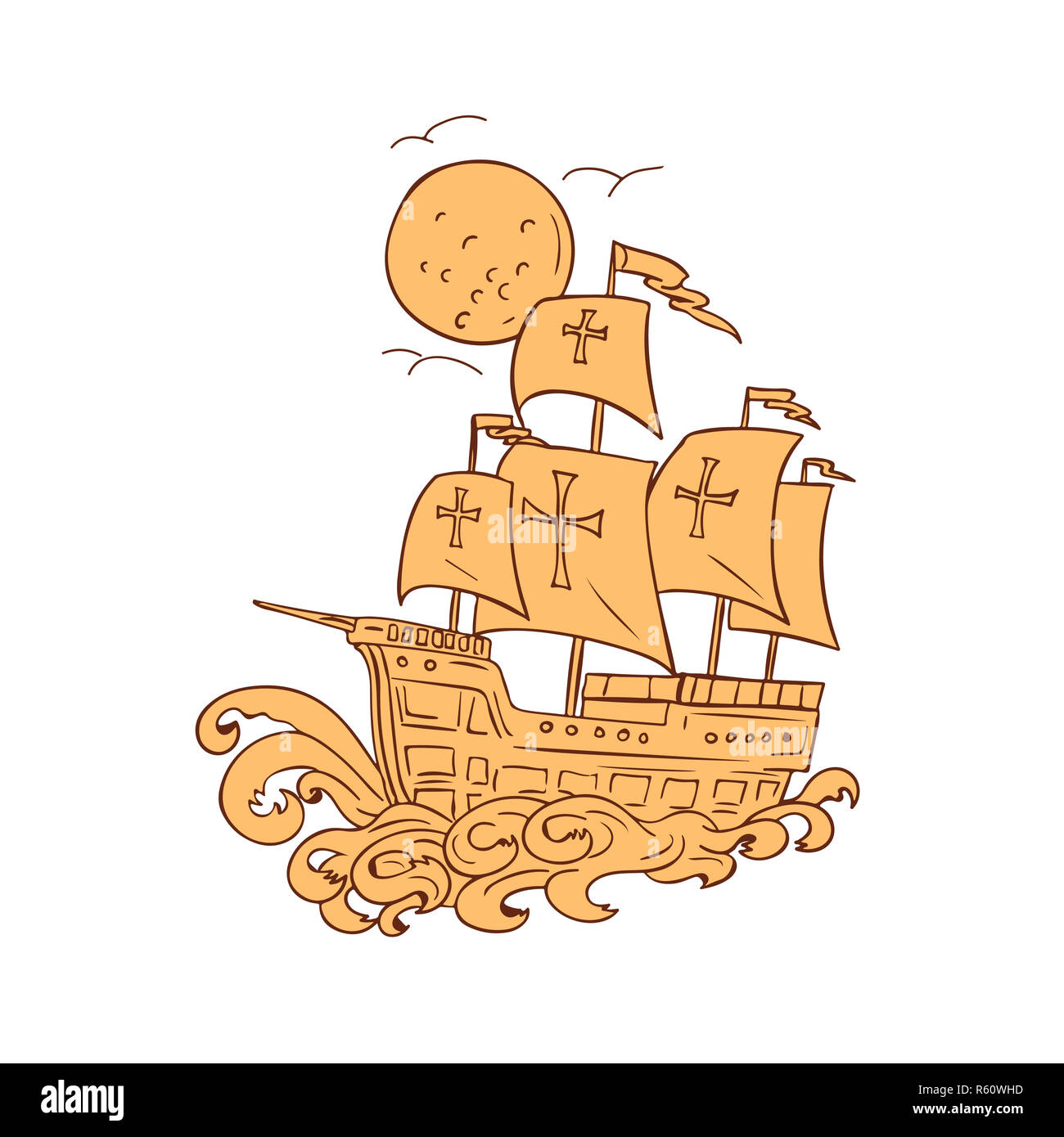 Caravel Segelschiff Mond Zeichnung Stockfoto