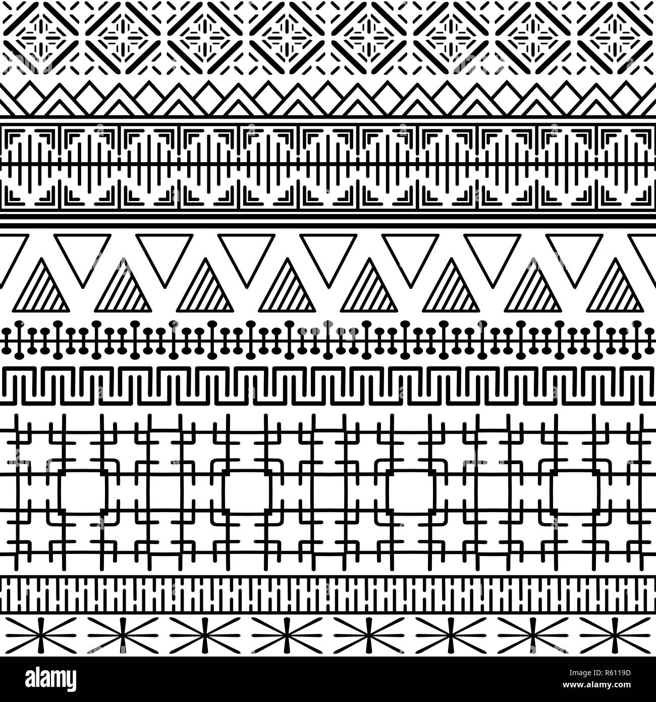 Tribal ethnischen nahtlose Muster. Schwarze und Weiße geometrische Verzierung. Abstrakte monochrome Hintergrund. Textile Design. Vector Illustration. Stock Vektor