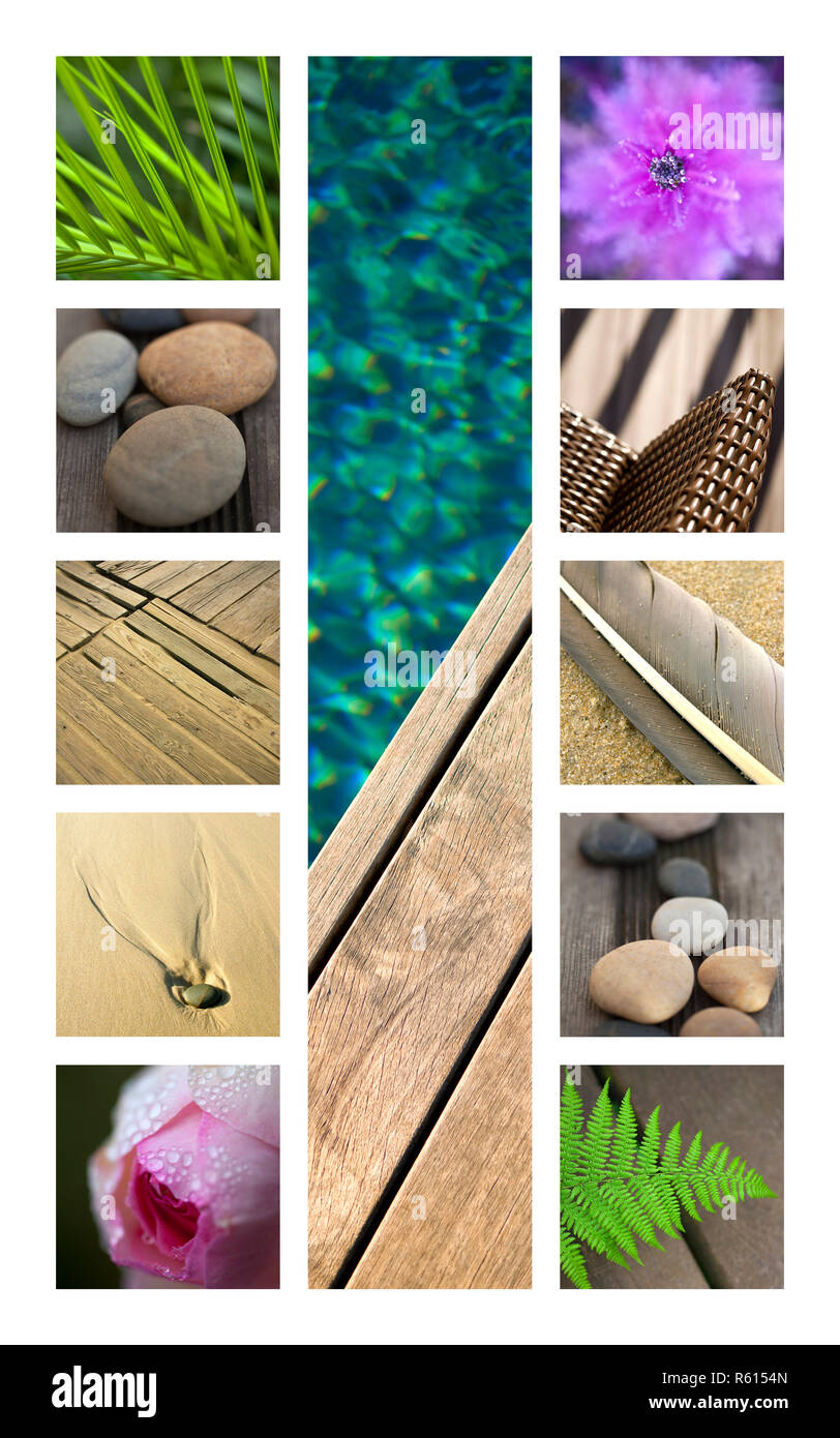 Terrassen und Blumen auf einer Collage. Stockfoto