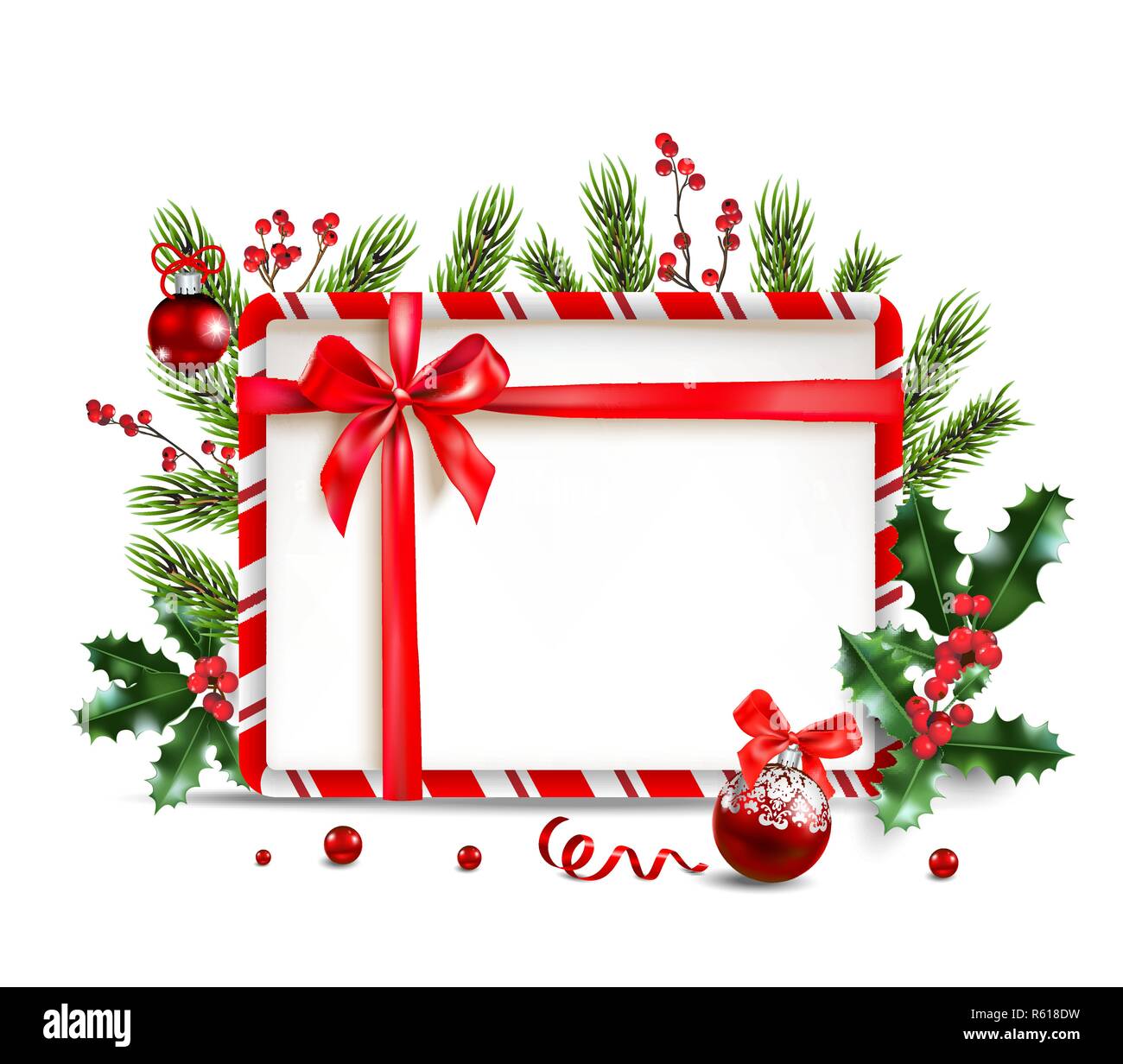 Weihnachten festliche Design für Banner, Ticket, Merkblatt, Karte, Einladung, Plakat und so weiter. Urlaub Rahmen mit Tannenbaum und festliche Dekorationen Kugeln und Holly auf weißem Hintergrund. Stock Vektor