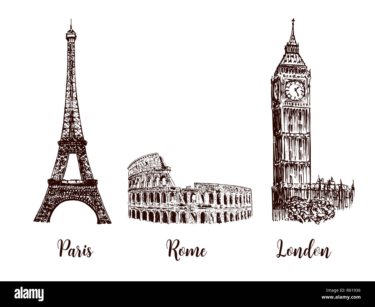 Paris, London, Rom. Einstellen der europäischen Hauptstädte Symbole. Eiffelturm, Kolosseum, Big Ben Stockfoto