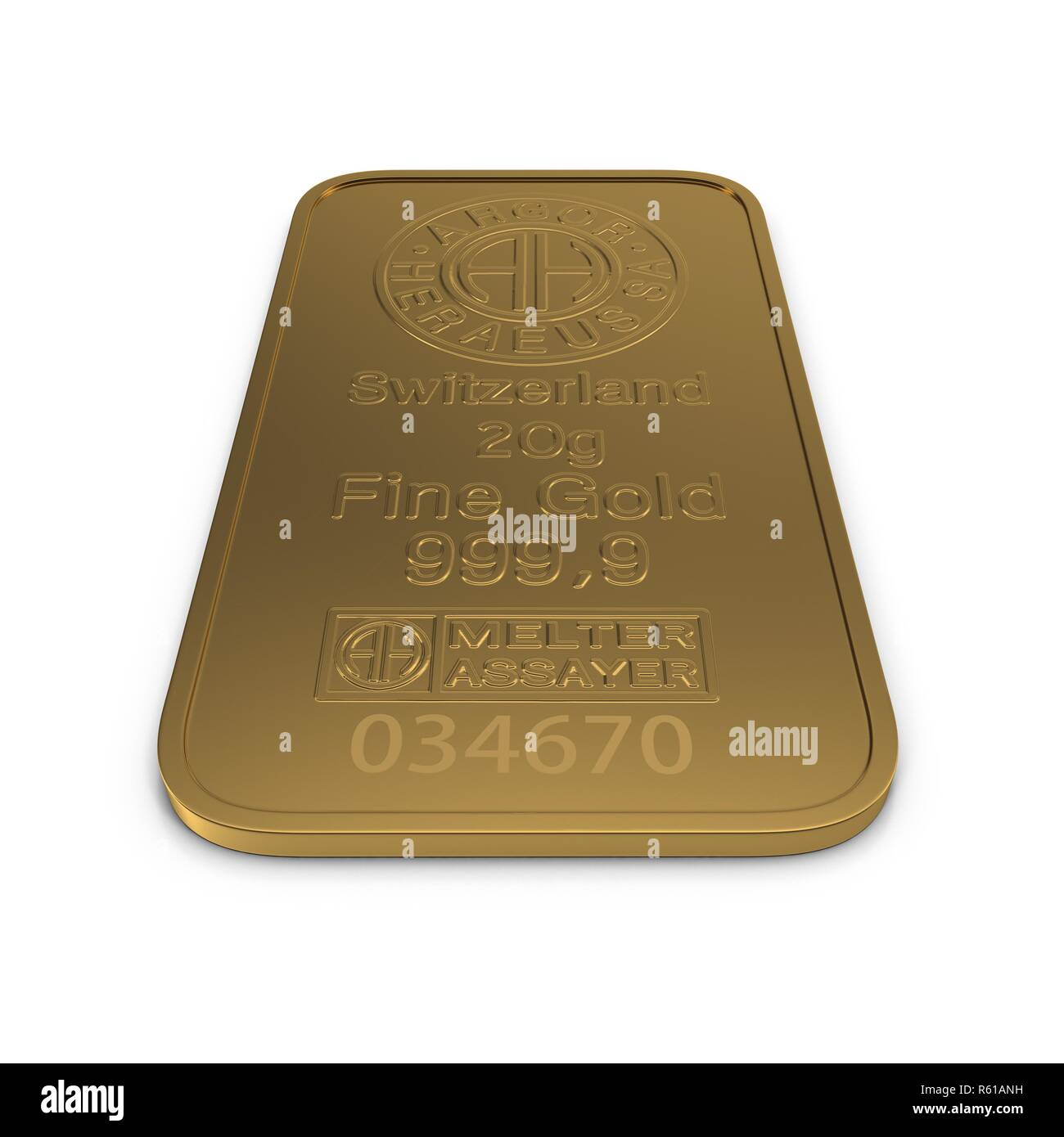 Gold Bar 20g auf weißem Hintergrund. 3D-Darstellung Stockfoto