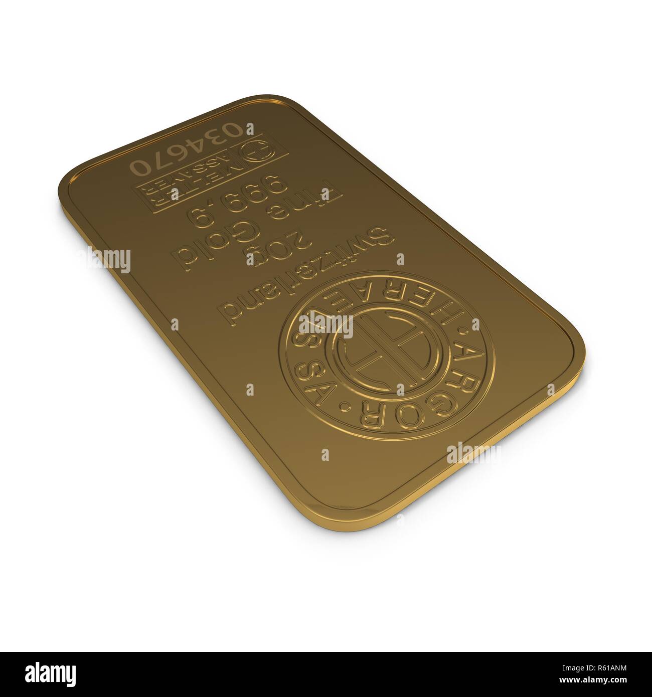 Gold Bar 20g auf weißem Hintergrund. 3D-Darstellung Stockfoto