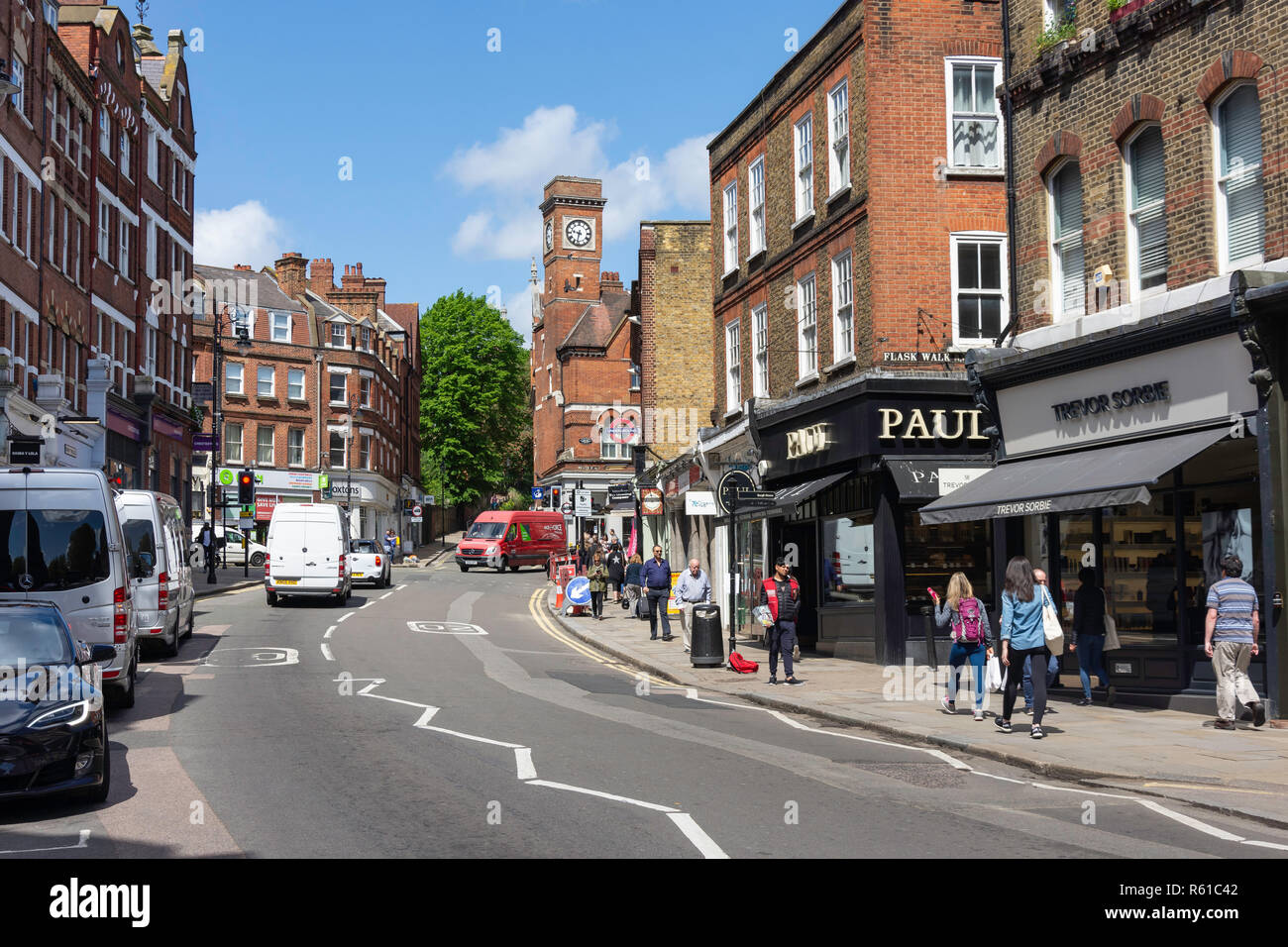 Hampstead High Street, Hampstead Village, Londoner Stadtteil Camden, Greater London, England, Vereinigtes Königreich Stockfoto