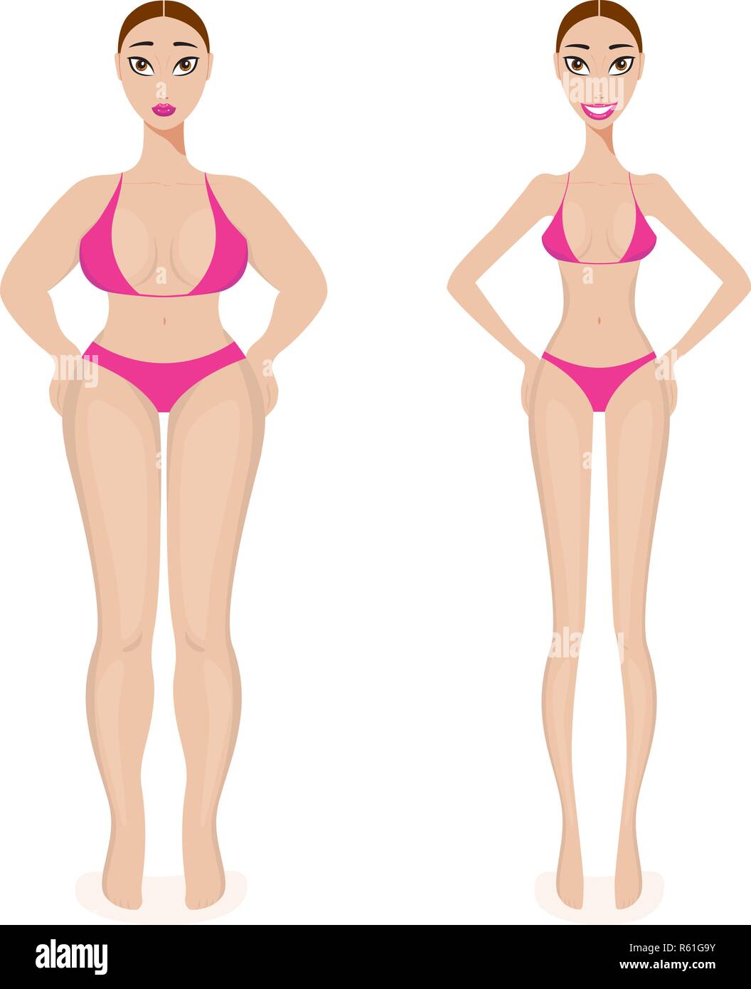Frau Gewichtsverlust Erfolg Vor und Nach der Adipositas schlanken Körper Vector Illustration Stock Vektor