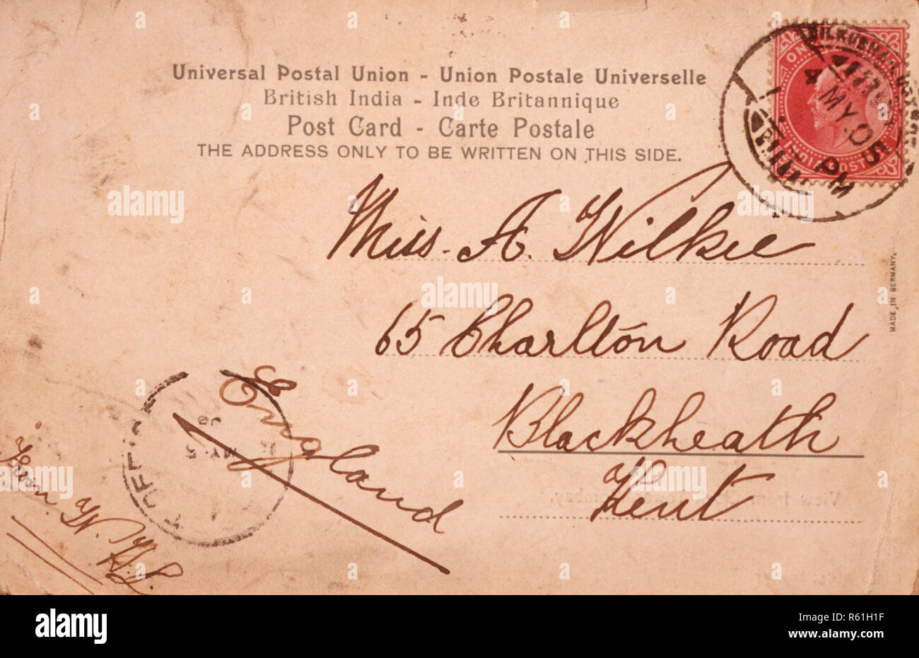 Alter Jahrgang 1905 Postkarte von Indien nach England im 4. Mai 1905 , Britisches Indien , Universal Postal Union , 1900er , Stockfoto