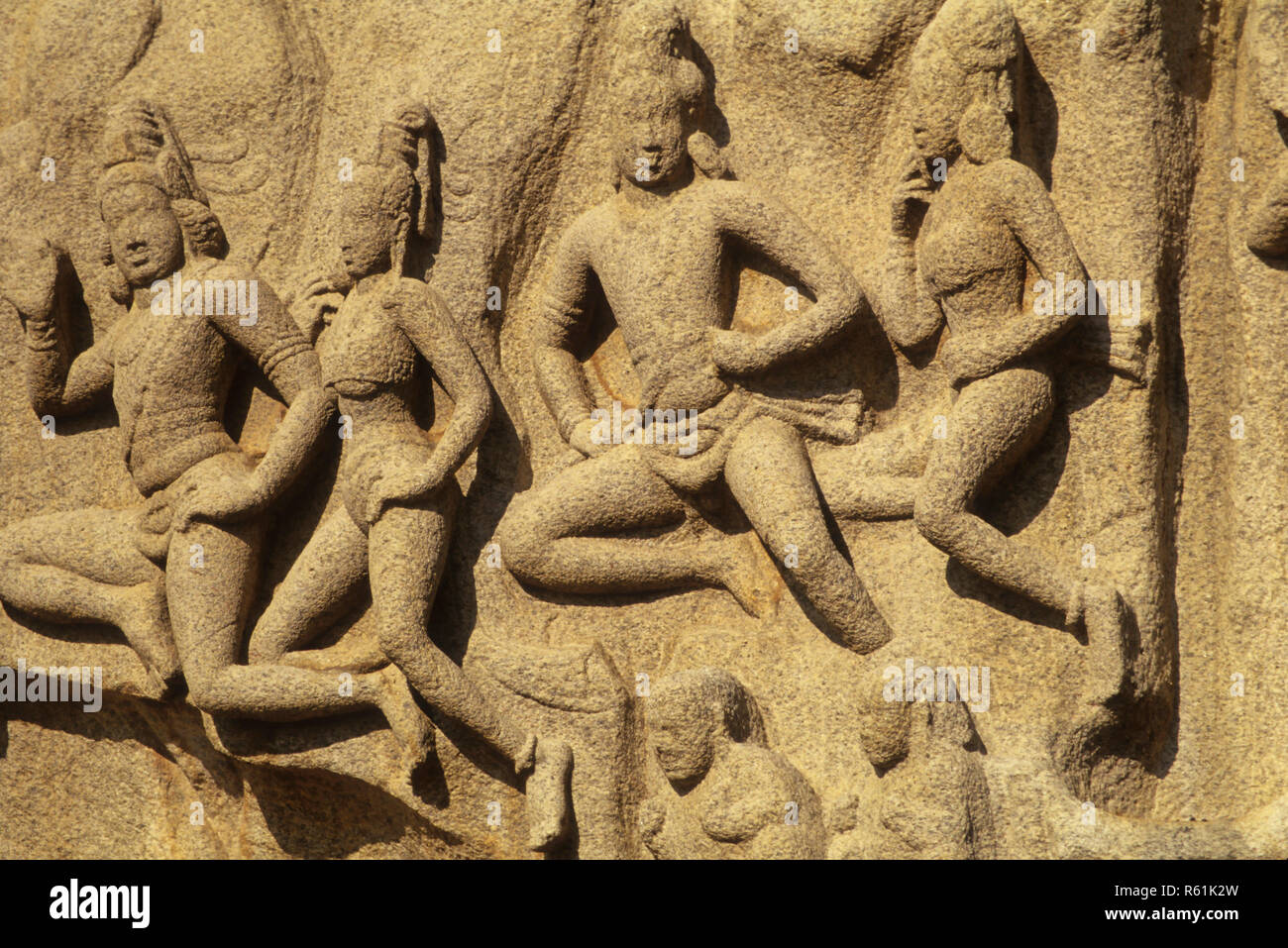 Arjunas Buße in Mahabalipuram Tempel in der Nähe von Madras Chennai, Tamil Nadu, Indien Stockfoto