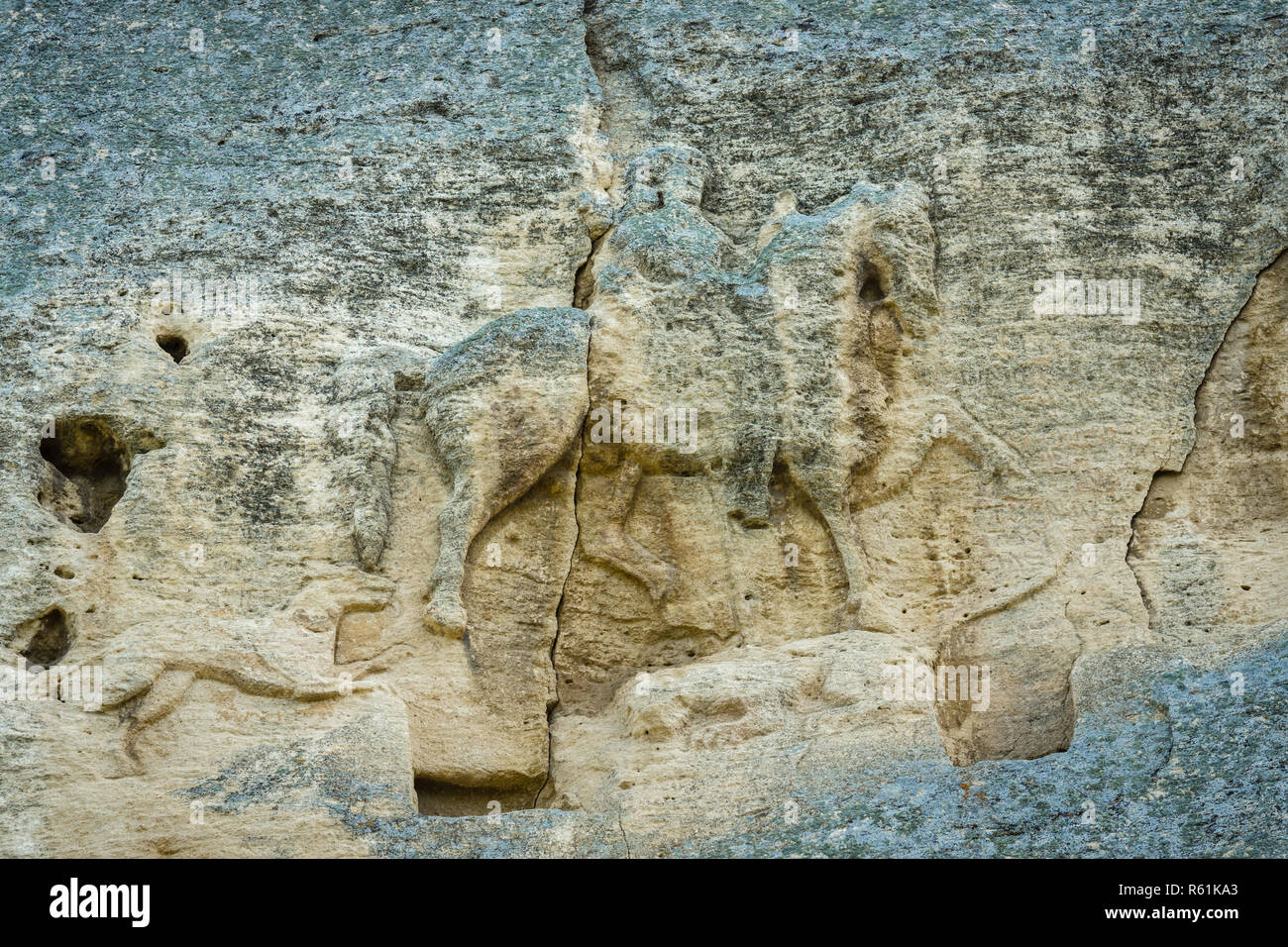 Reiter von Madara - eine archäologische Denkmal des frühen Mittelalters (Ende des 7. Jh.), ein Bild von einem Reiter auf einem steilen Felsen gehauen. Bulgarien. Stockfoto