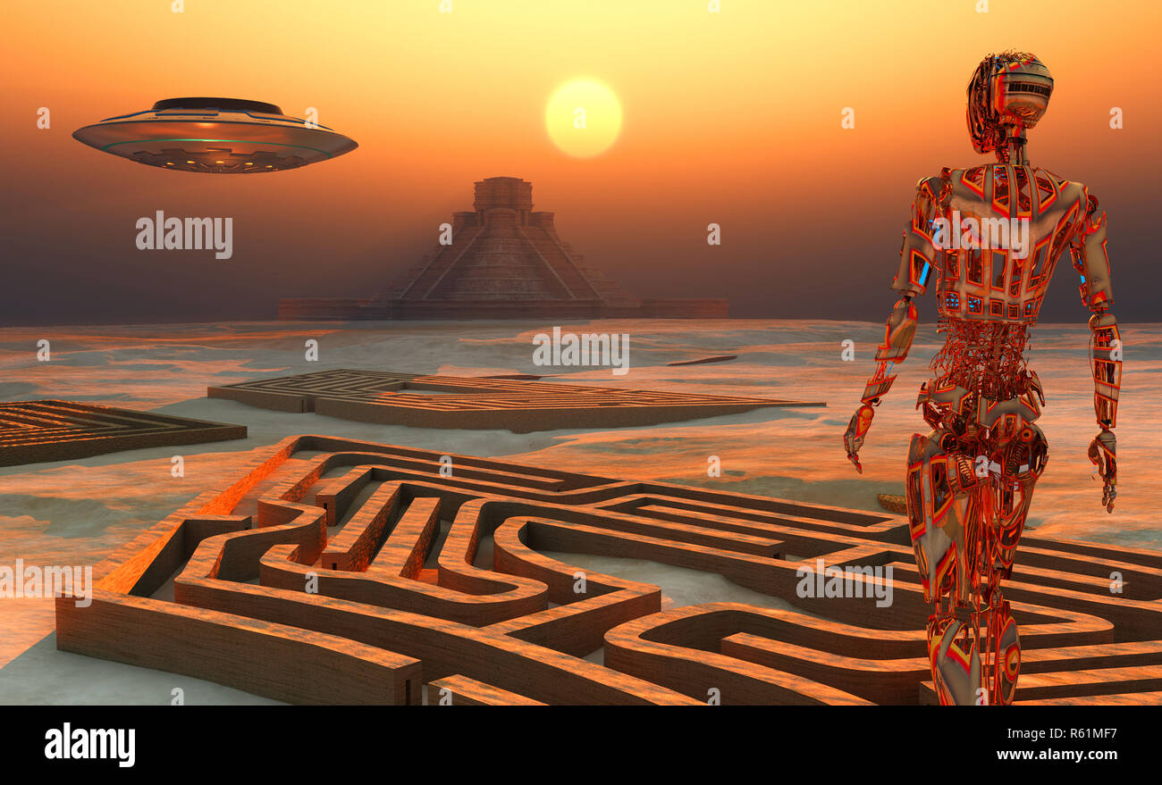 Ein Android Studium der antiken Ruinen auf der Oberfläche des Mars. Stockfoto