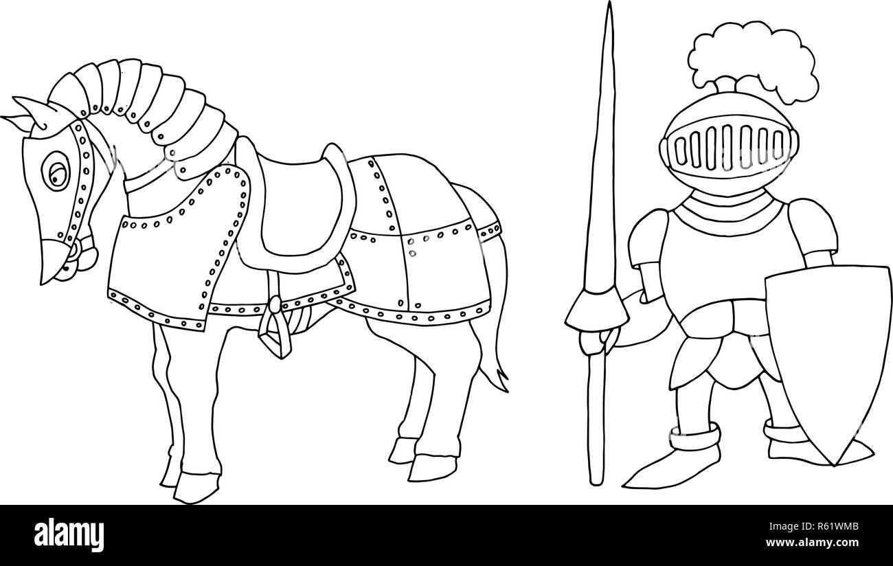 Färbung von Cartoon mittelalterliche Ritter prepering zum Ritter Turnier Stock Vektor